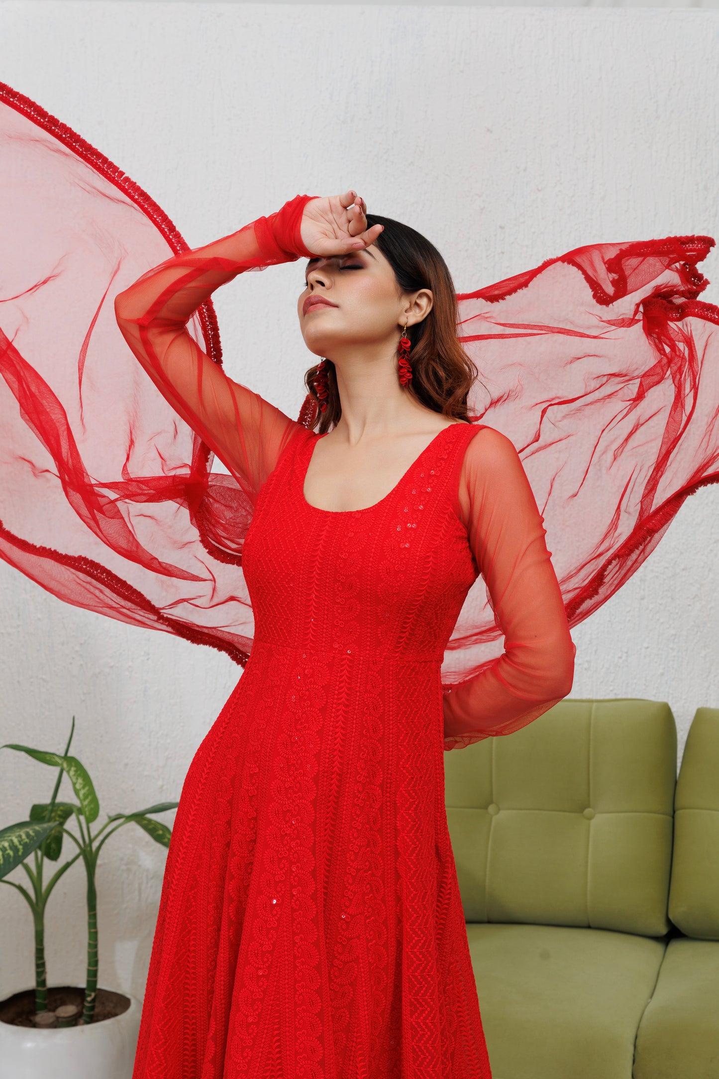 Mystique Melange: Red Chikankari Anarkali