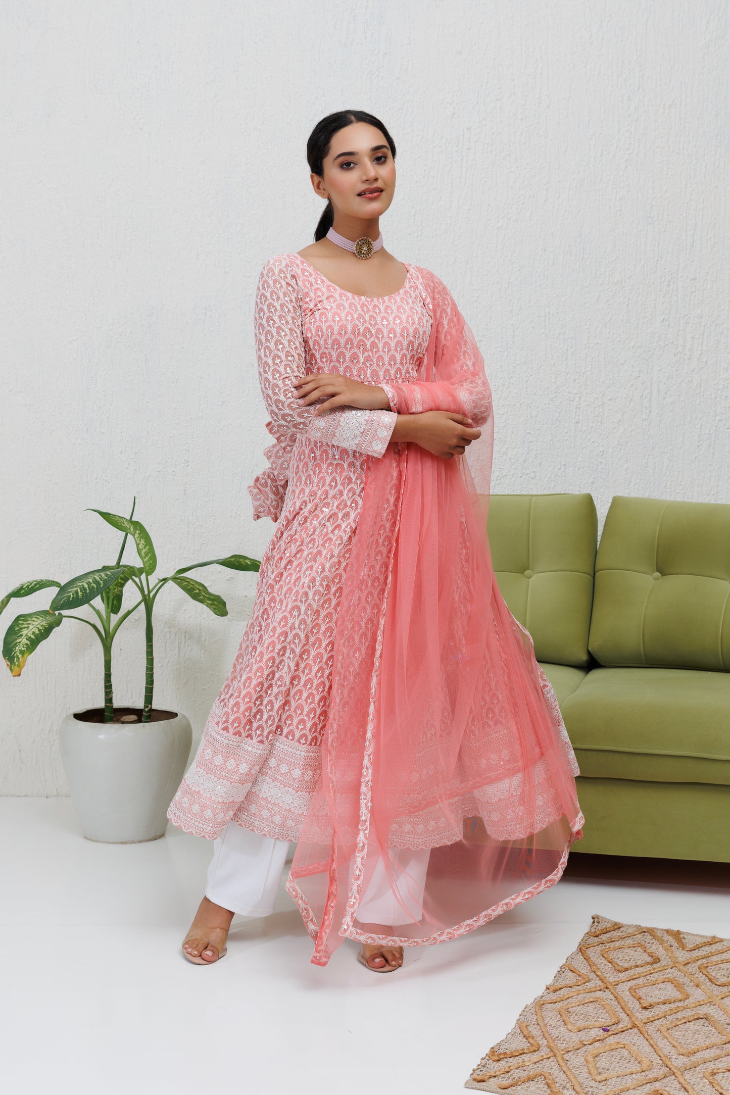 Mystique Melange: Carnation Pink Embroidered Anarkali