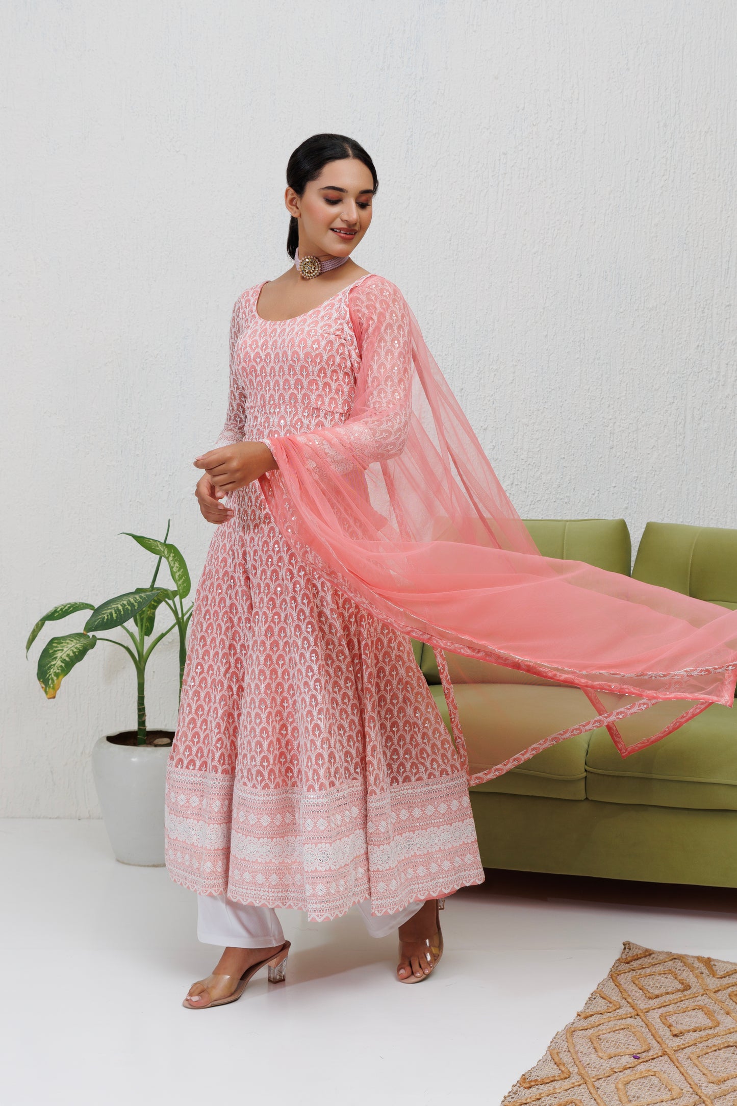 Mystique Melange: Carnation Pink Embroidered Anarkali