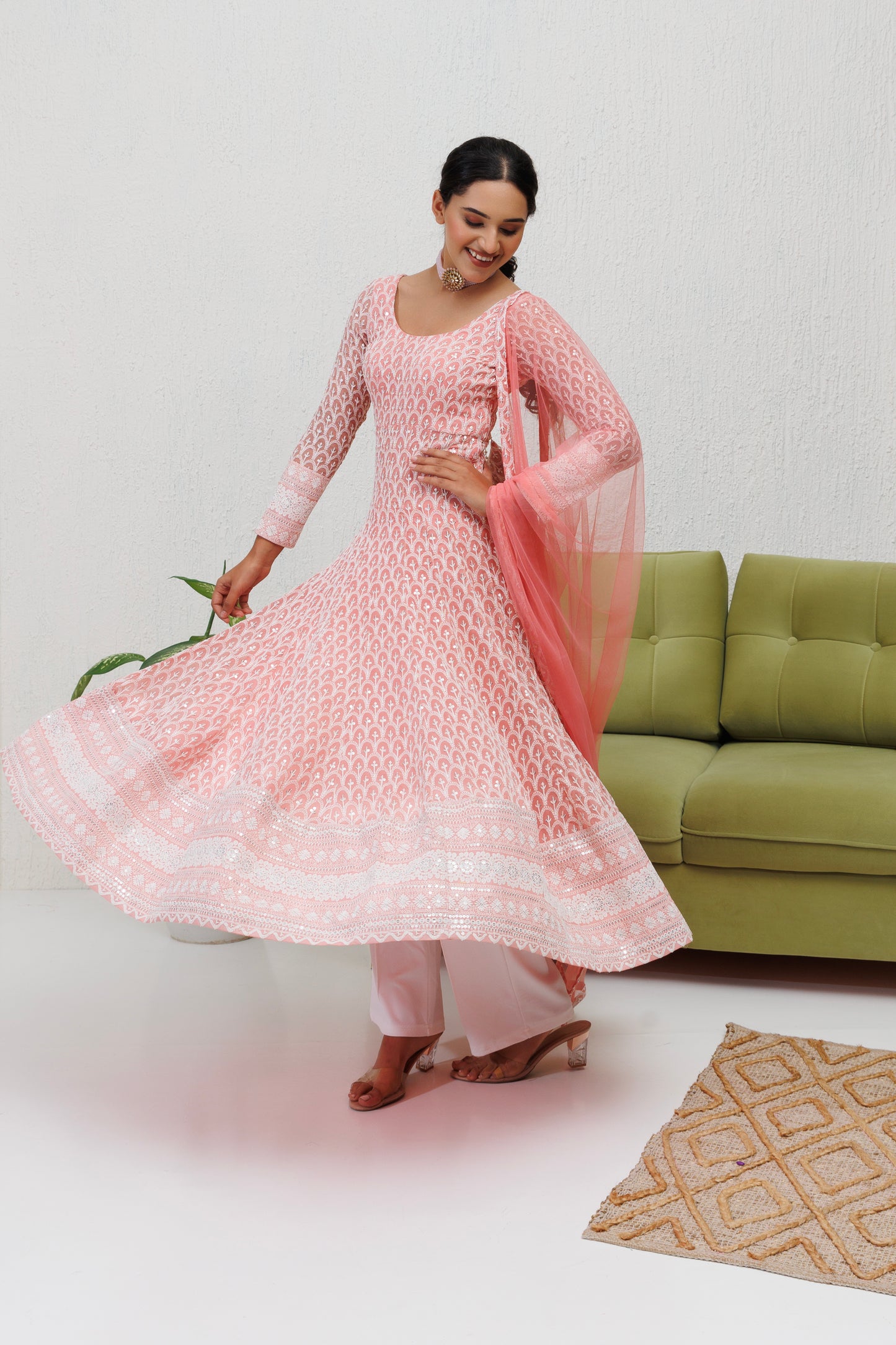 Mystique Melange: Carnation Pink Embroidered Anarkali