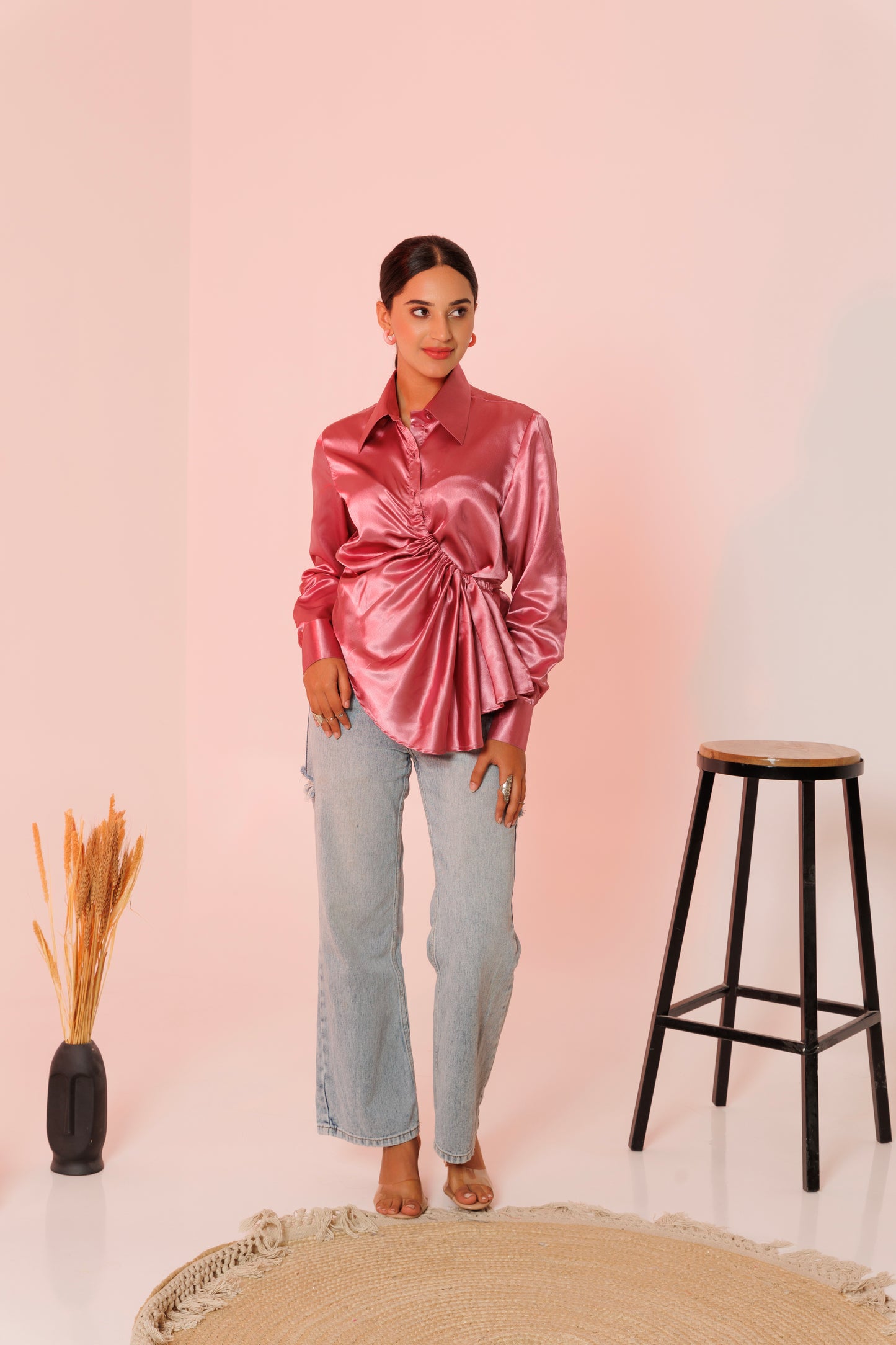 Frontier Chic: Pink satin drape shirt
