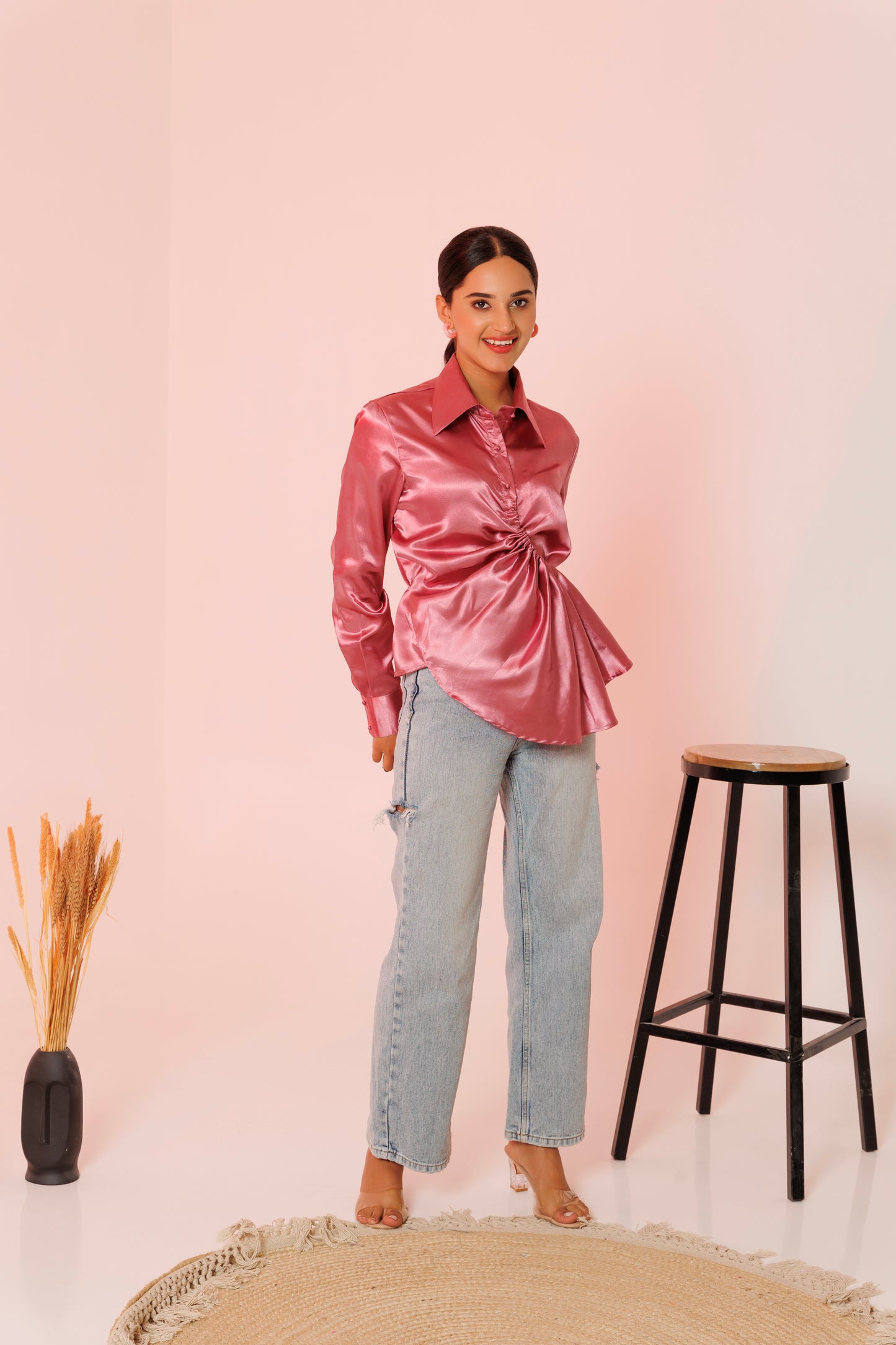 Frontier Chic: Pink satin drape shirt