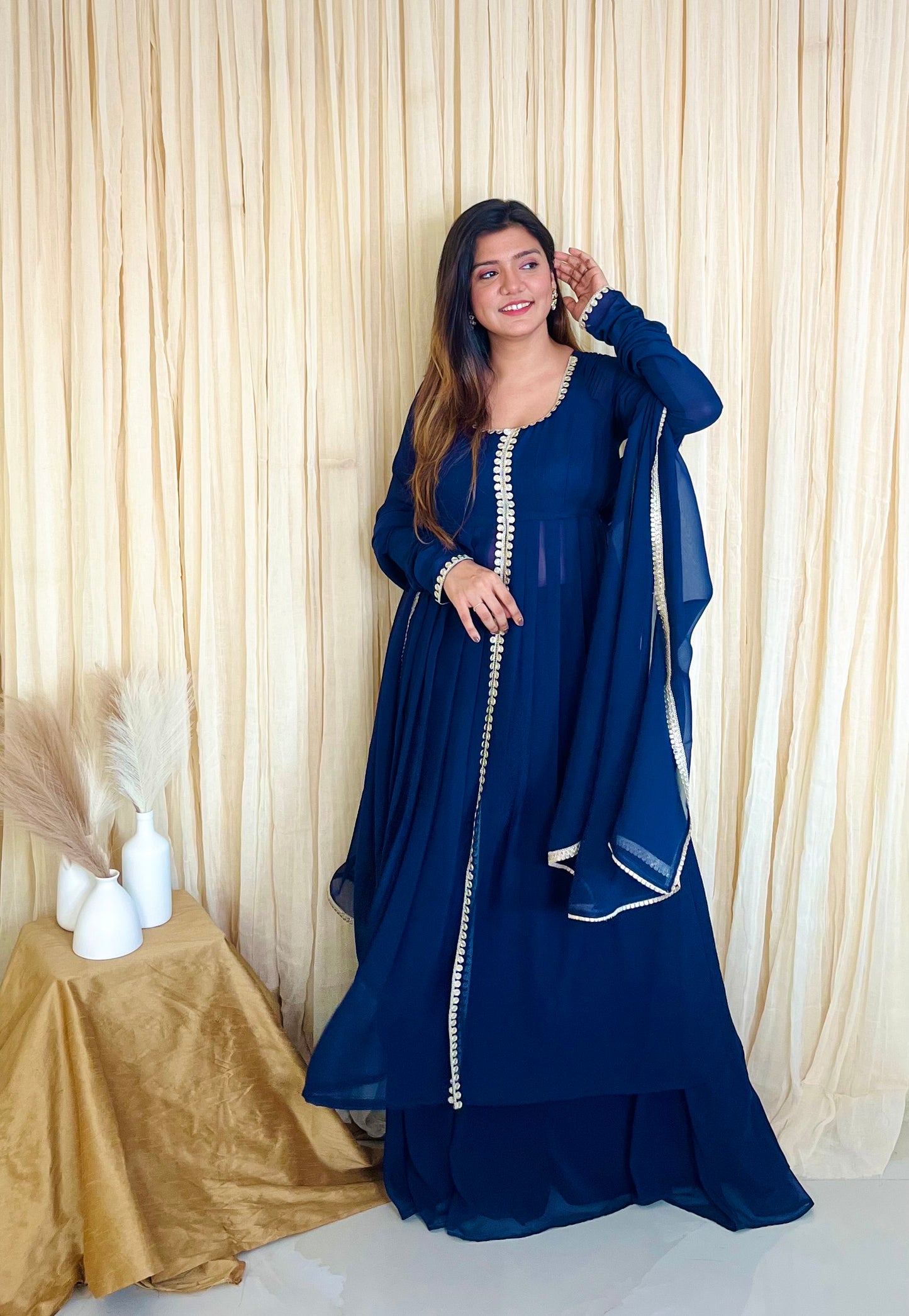 Midnight Elegance: Navy Blue Georgette Anarkali