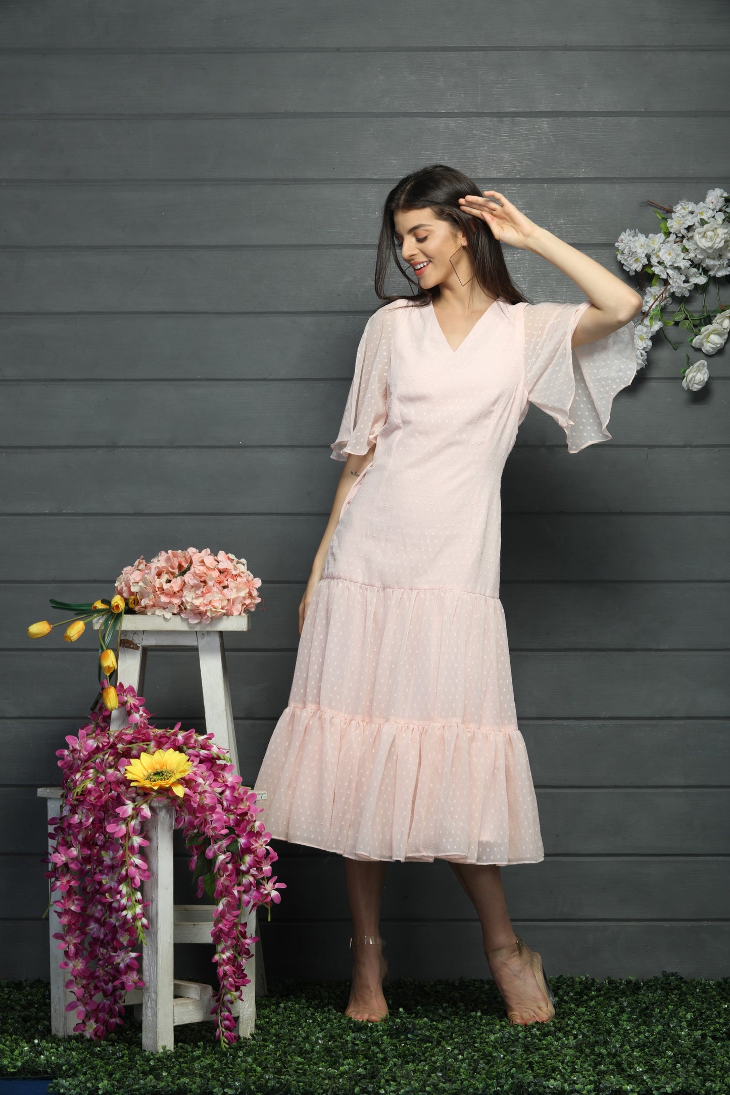 Peach coloured- tiered long dress