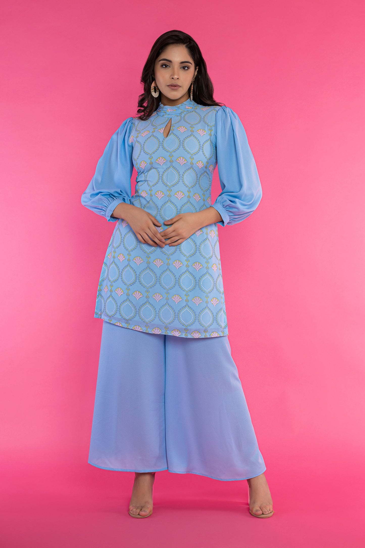 Powder blue fitted halter neck kurti and pallazo set