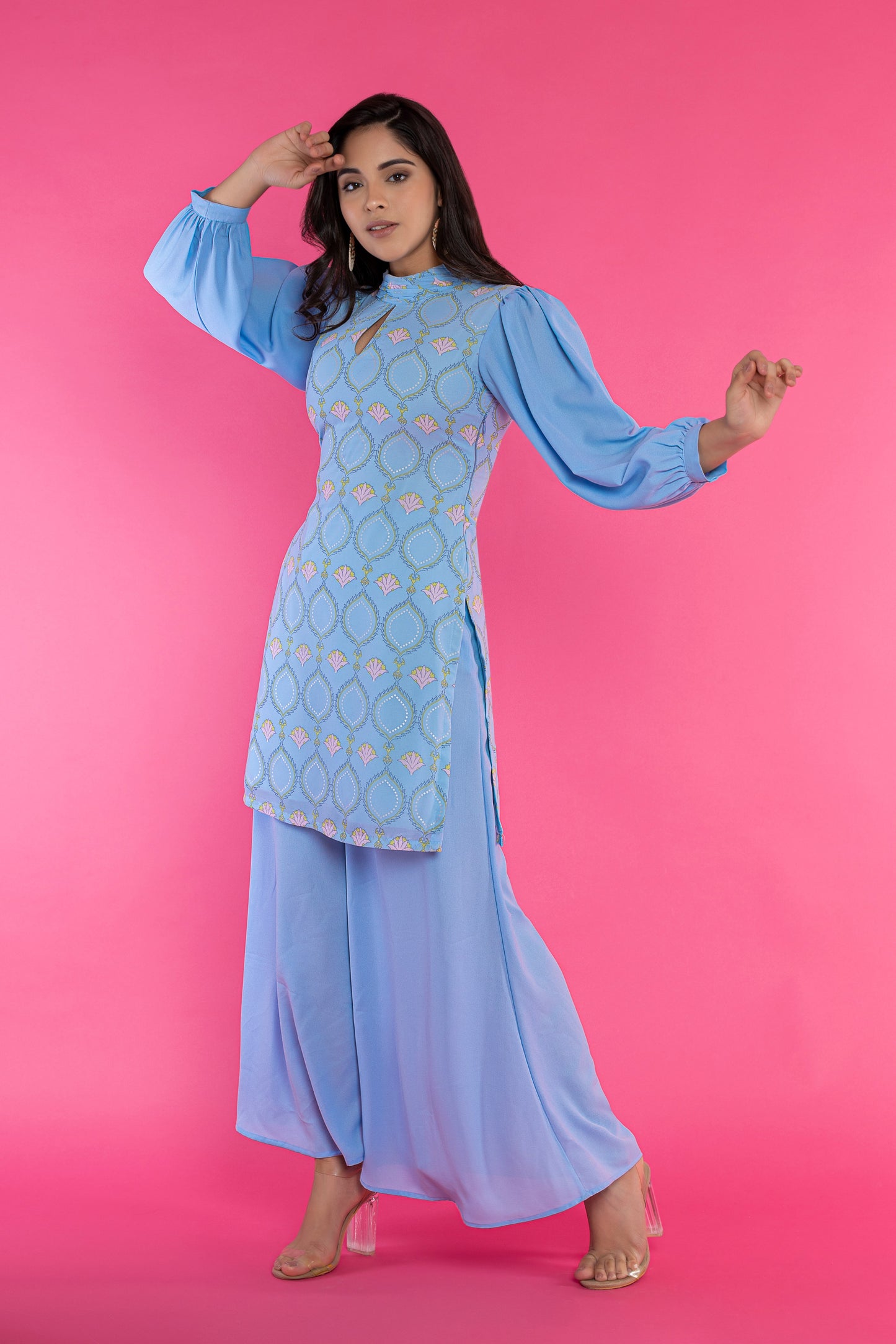 Powder blue fitted halter neck kurti and pallazo set