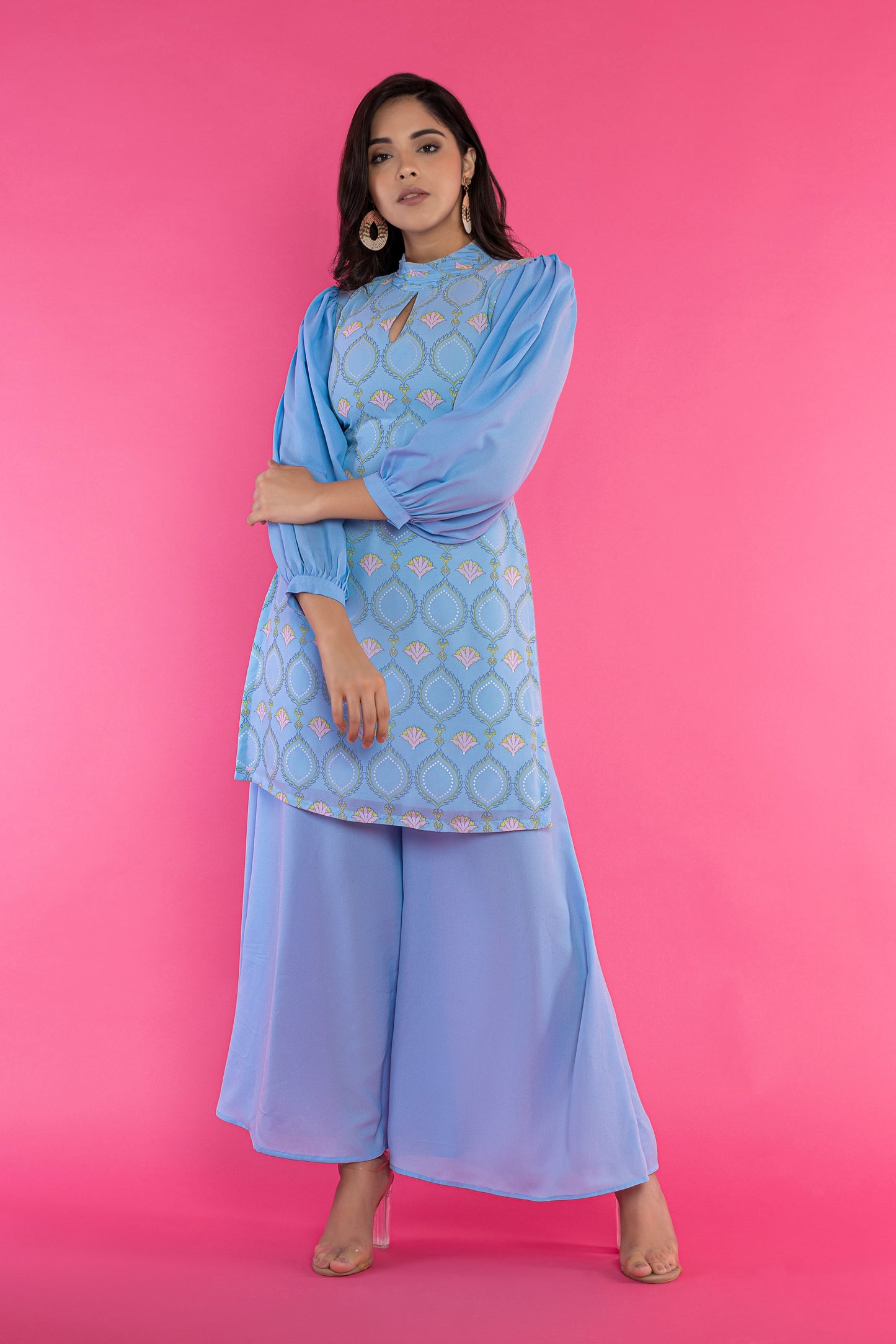 Powder blue fitted halter neck kurti and pallazo set