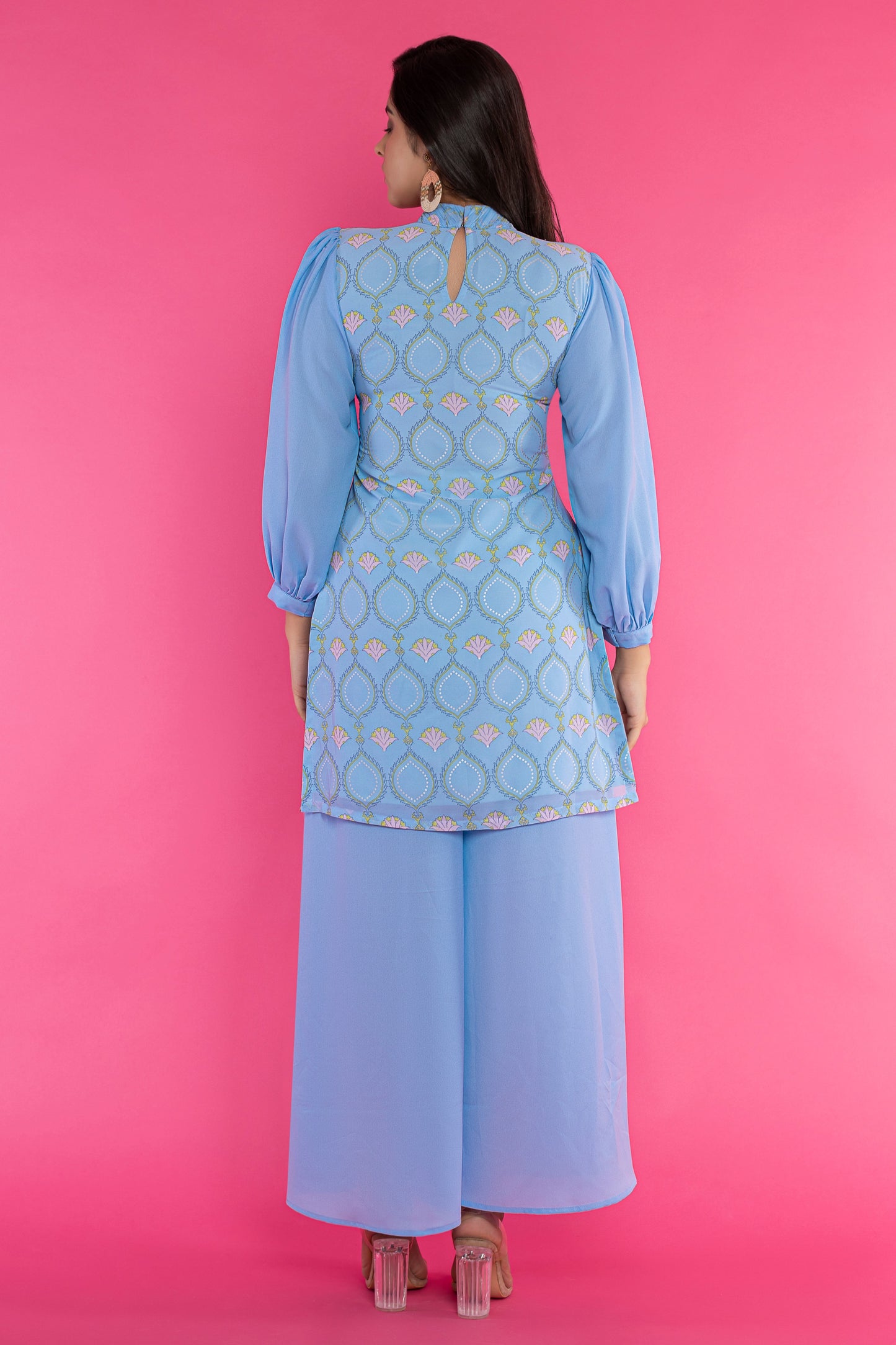 Powder blue fitted halter neck kurti and pallazo set