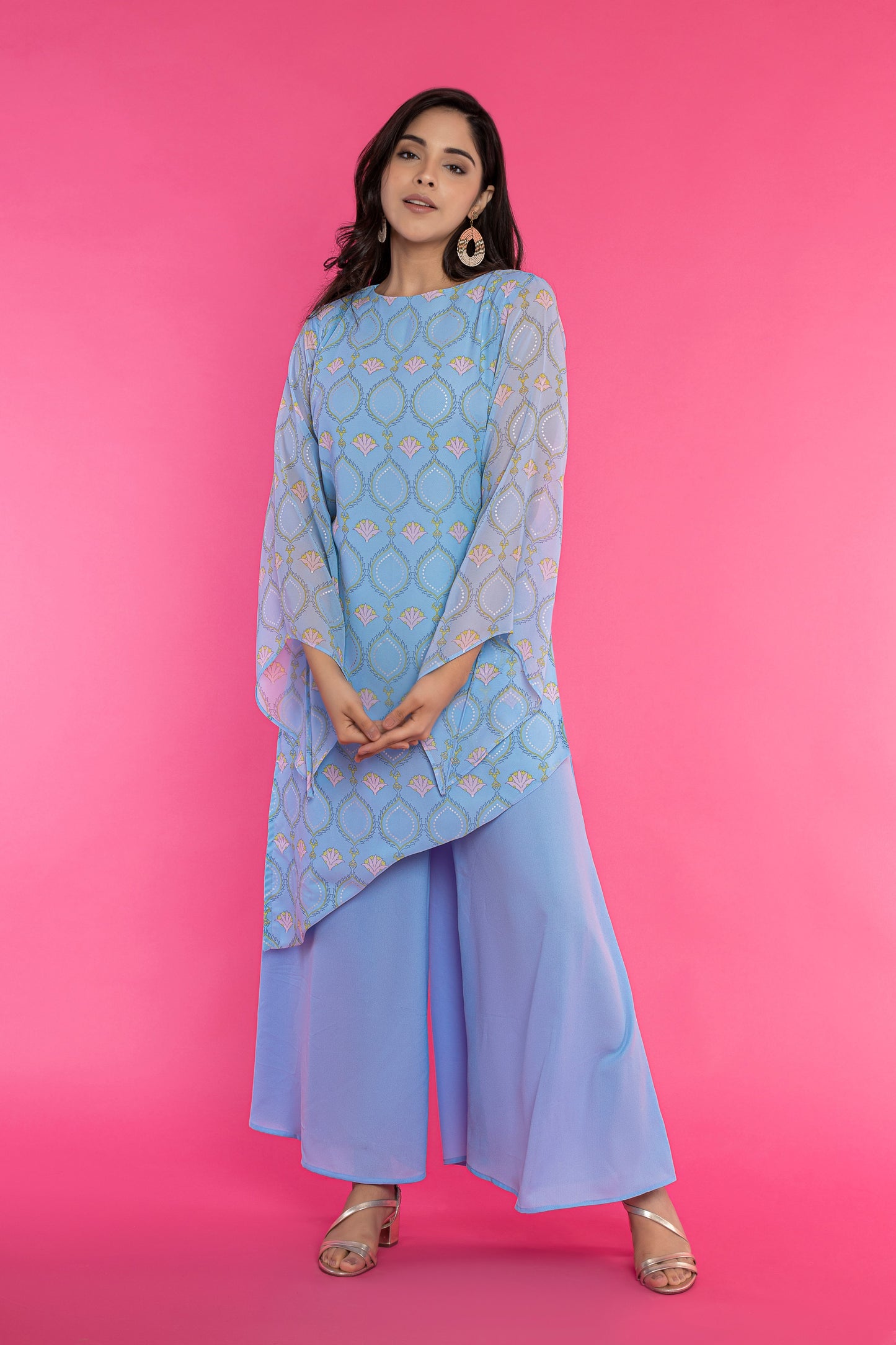 Powder blue printed diagonal hemline kurti and palazzo set