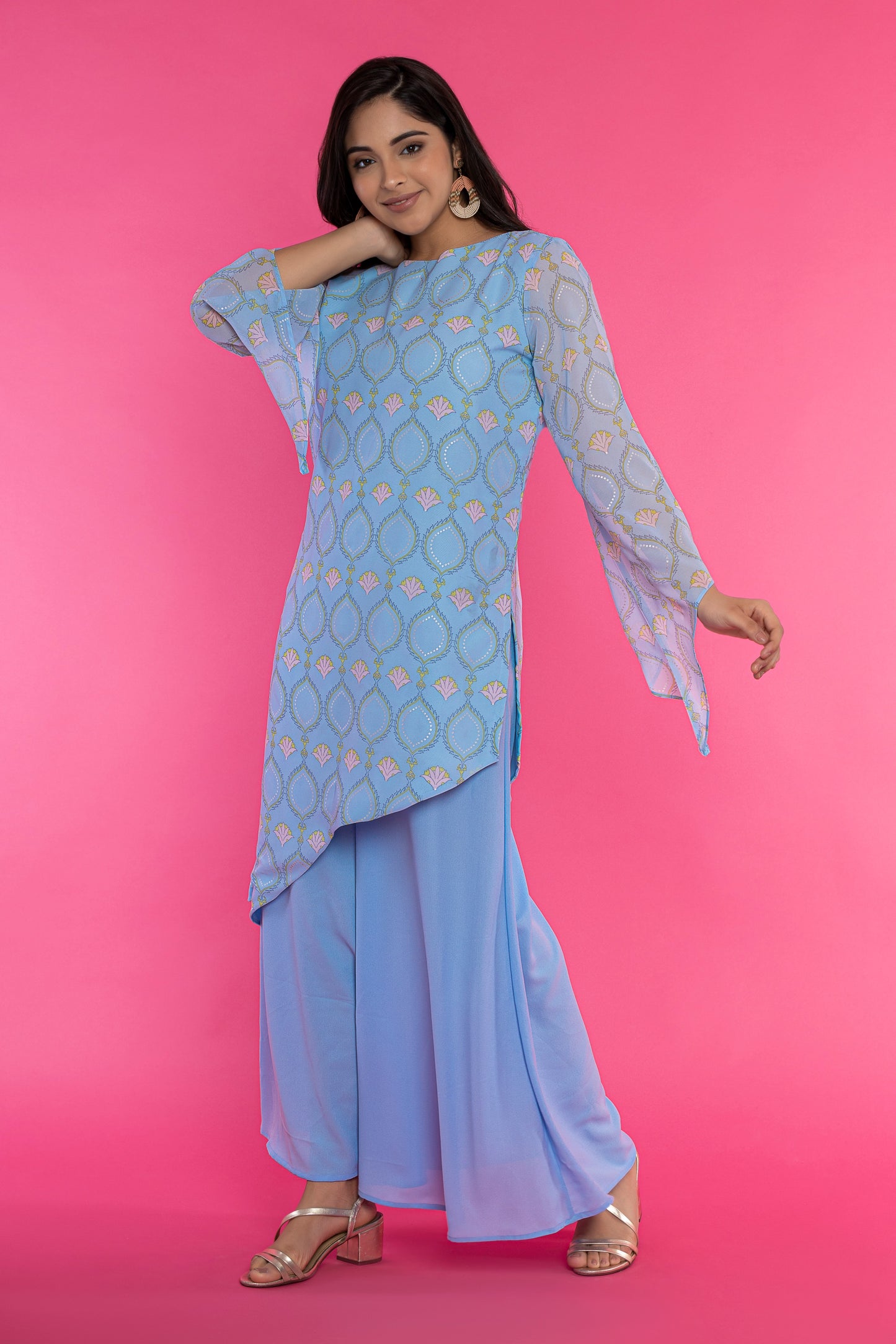 Powder blue printed diagonal hemline kurti and palazzo set