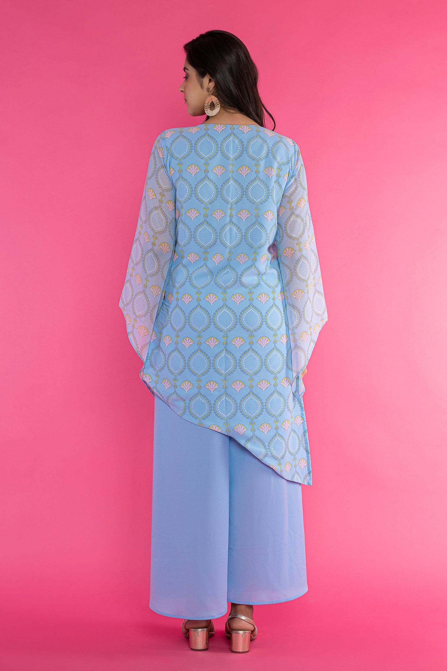 Powder blue printed diagonal hemline kurti and palazzo set