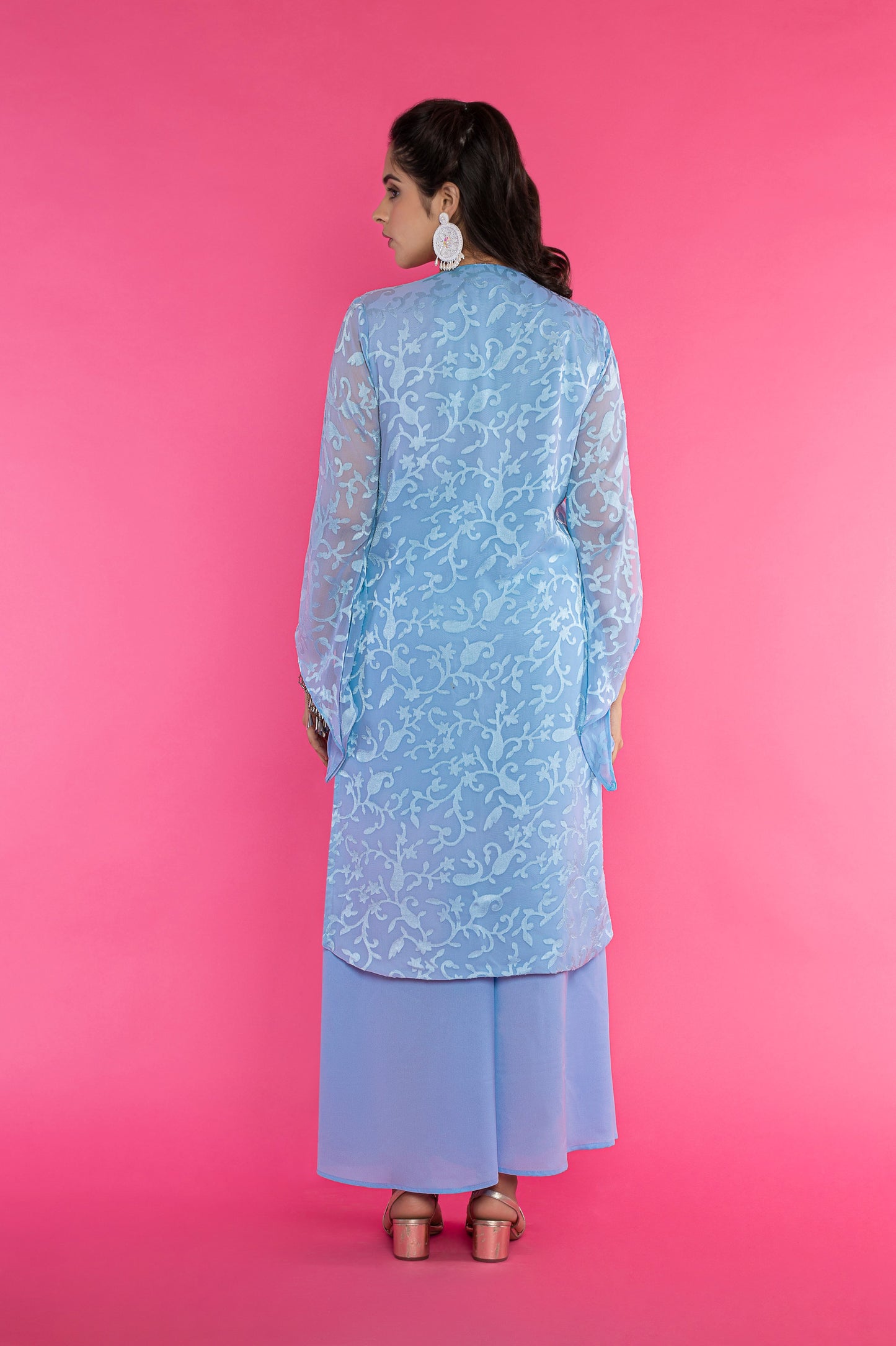 Blue long slitted sleeves kurti set