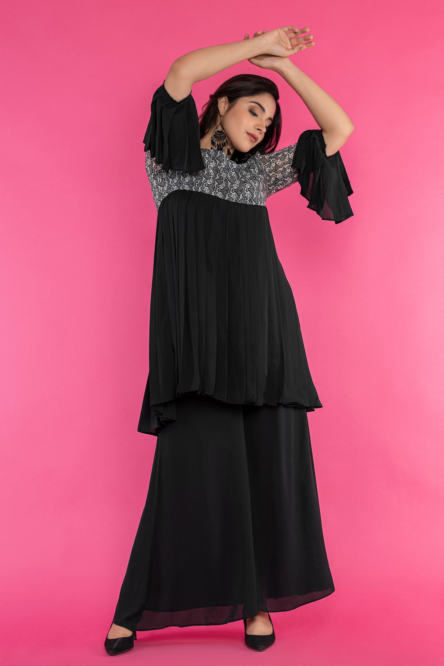 black pleated kurti set