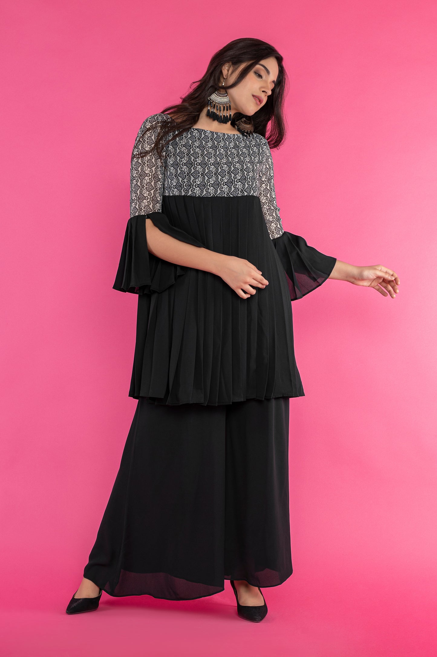 black pleated kurti set