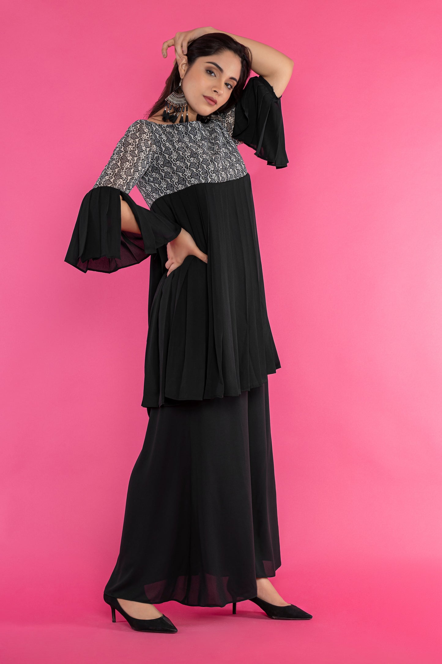 black pleated kurti set