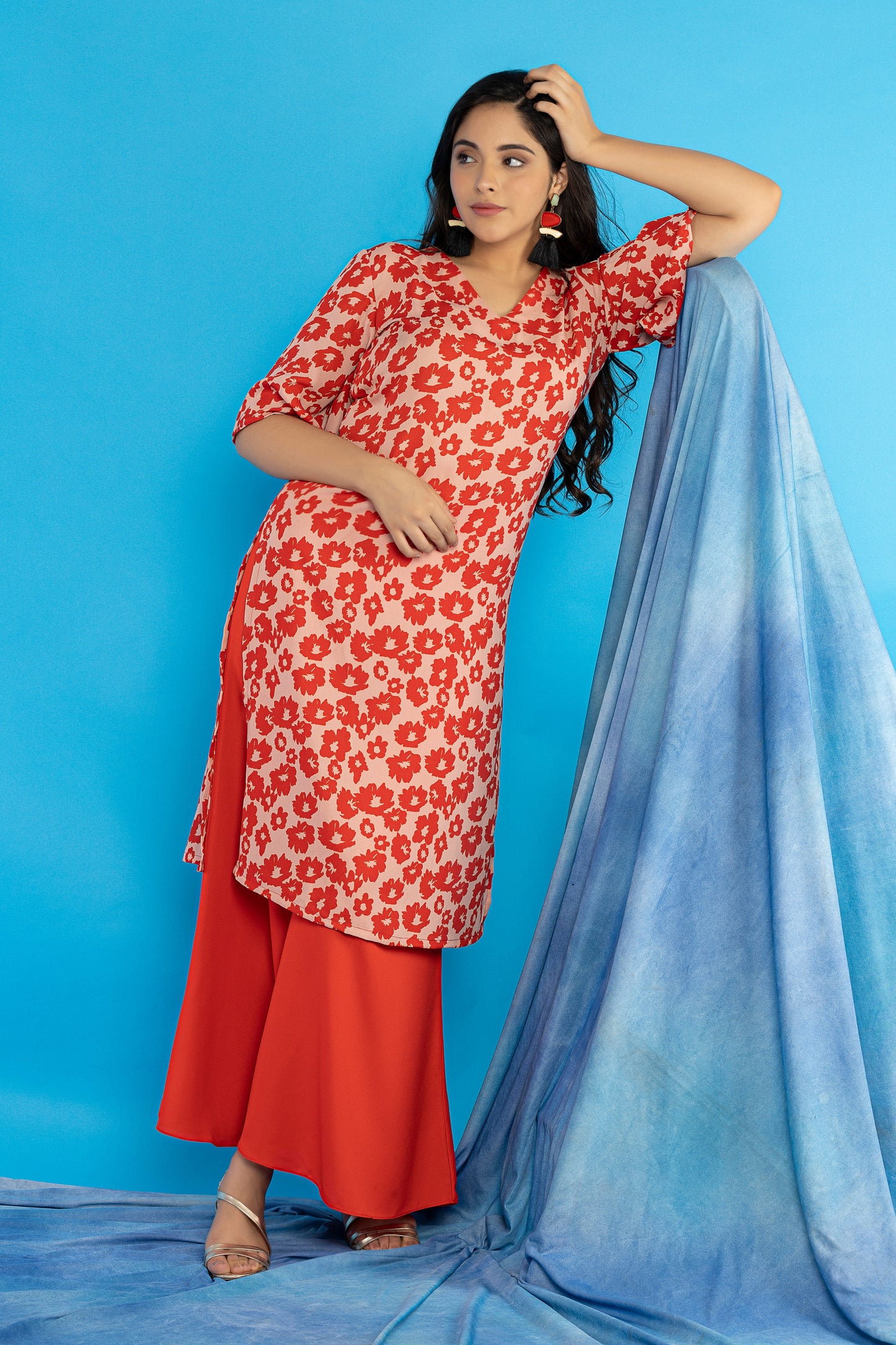 Red floral printed flared sleeves kurti set