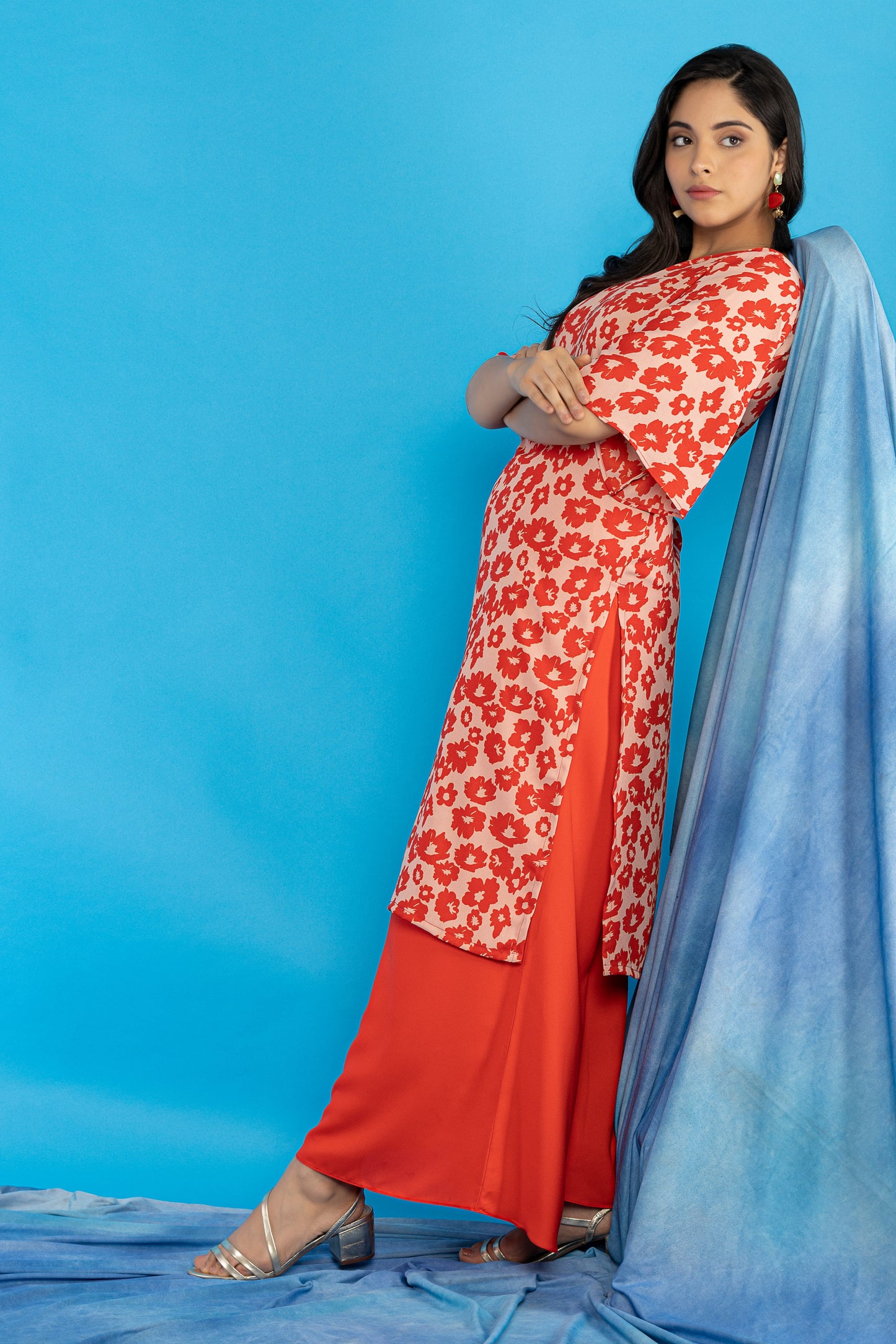 Red floral printed flared sleeves kurti set