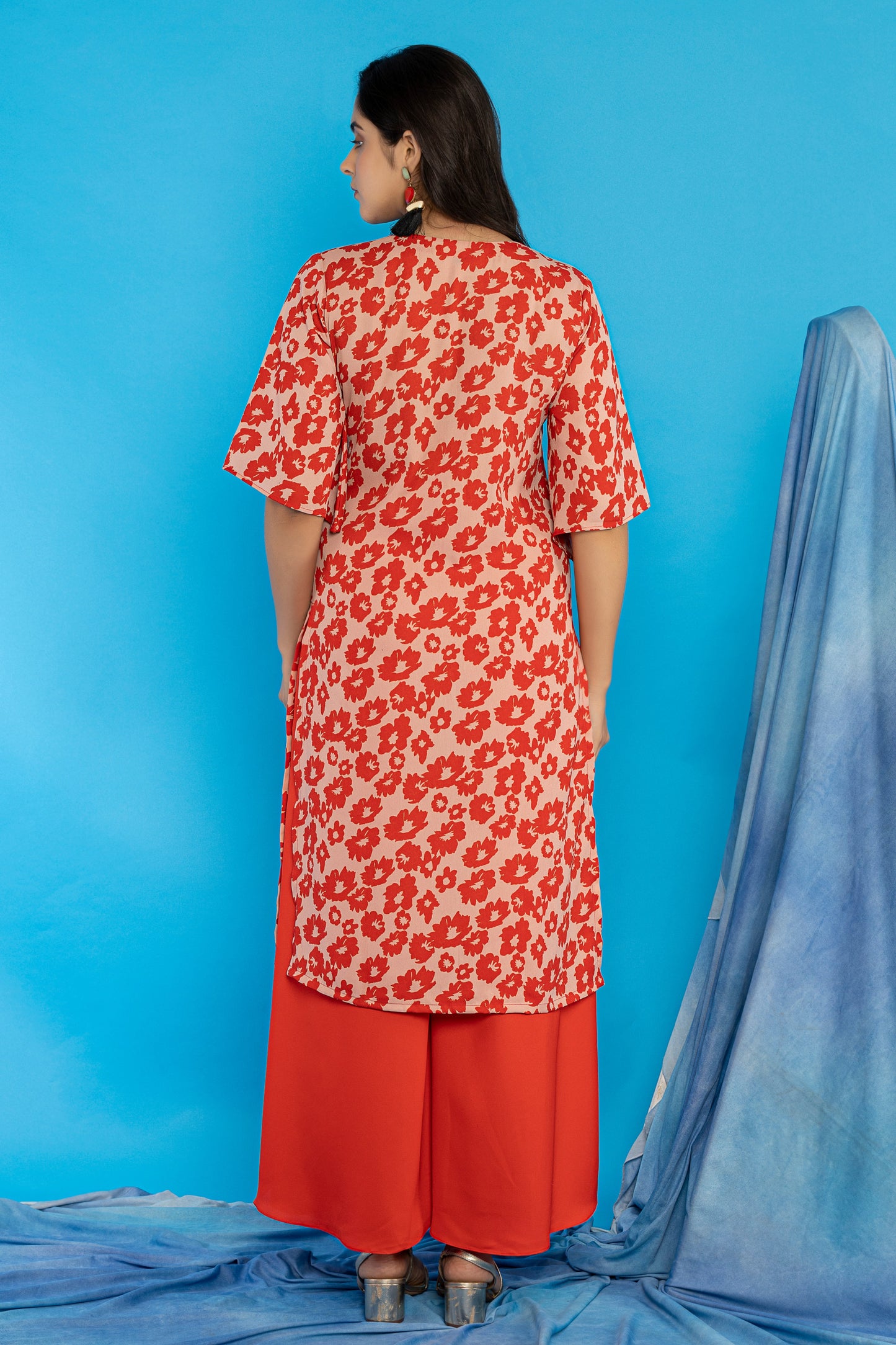 Red floral printed flared sleeves kurti set