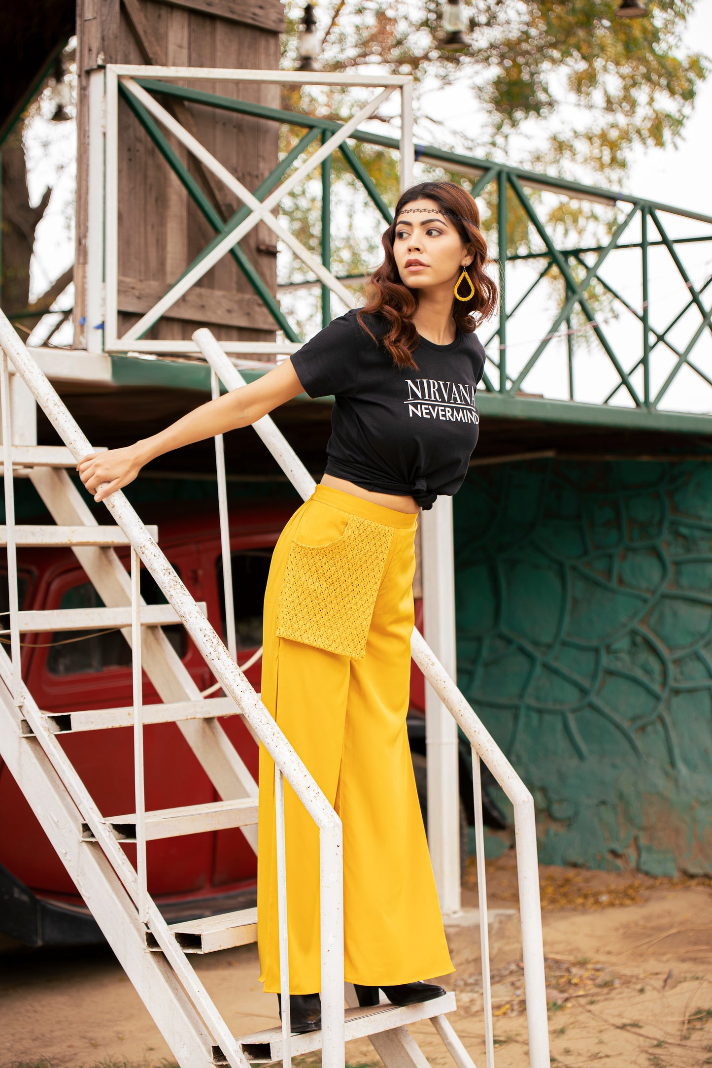 yellow slitted pants