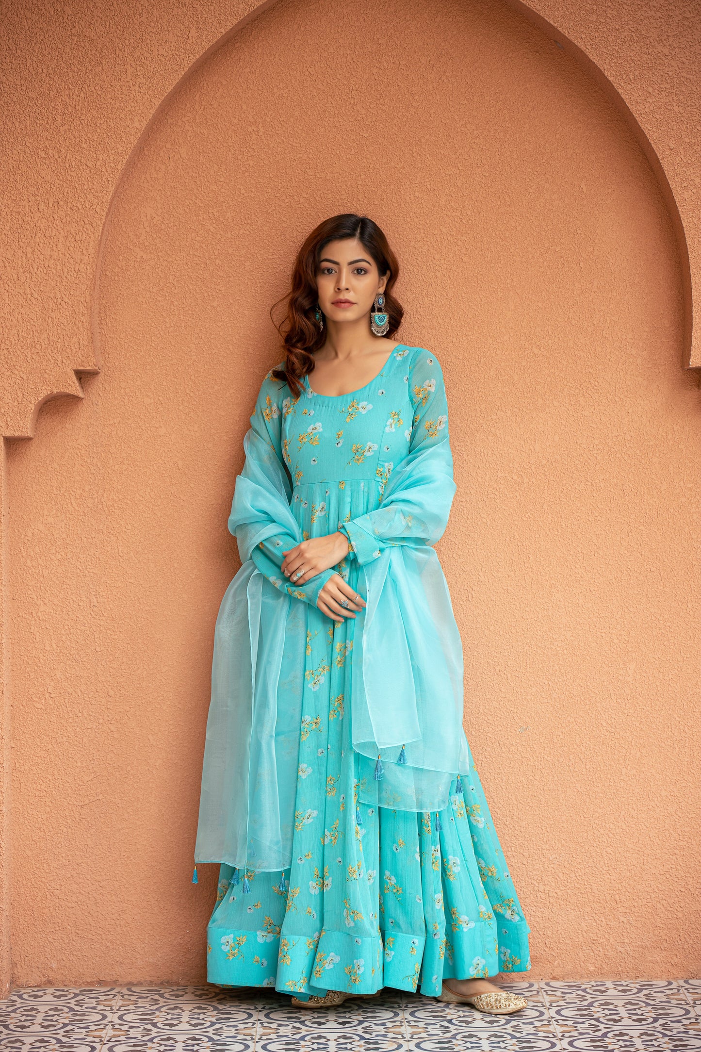 turquoise blue printed anarkali set