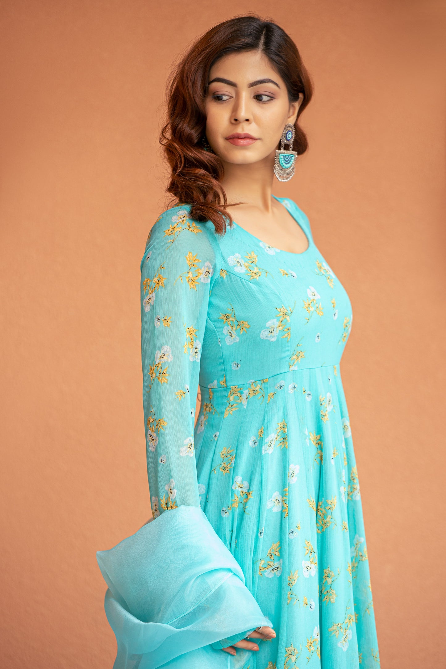 turquoise blue printed anarkali set