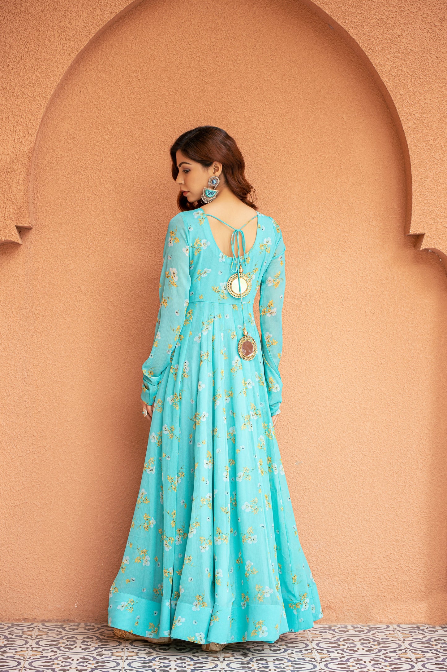 turquoise blue printed anarkali set