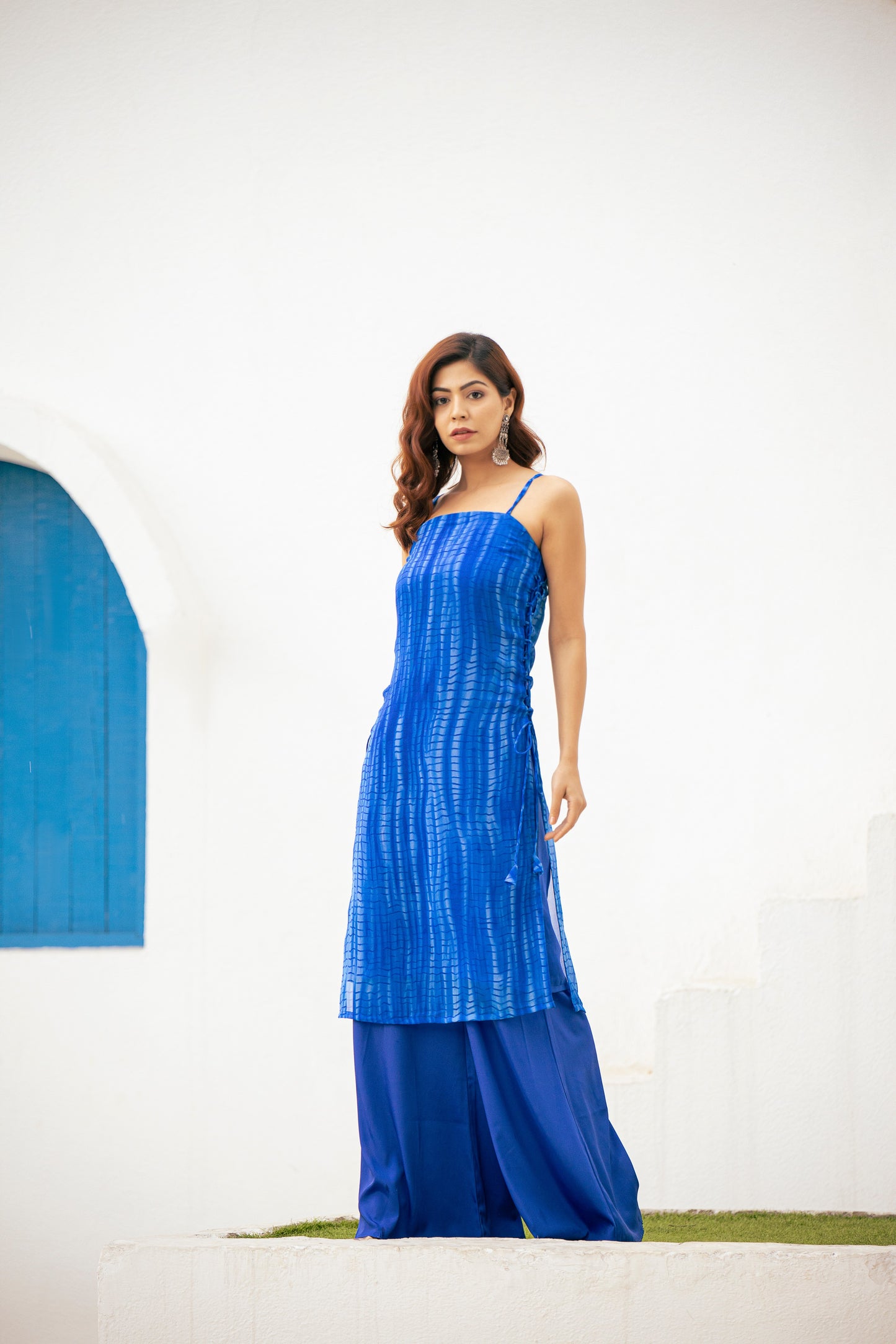 Blue tie dye lace up kurti set