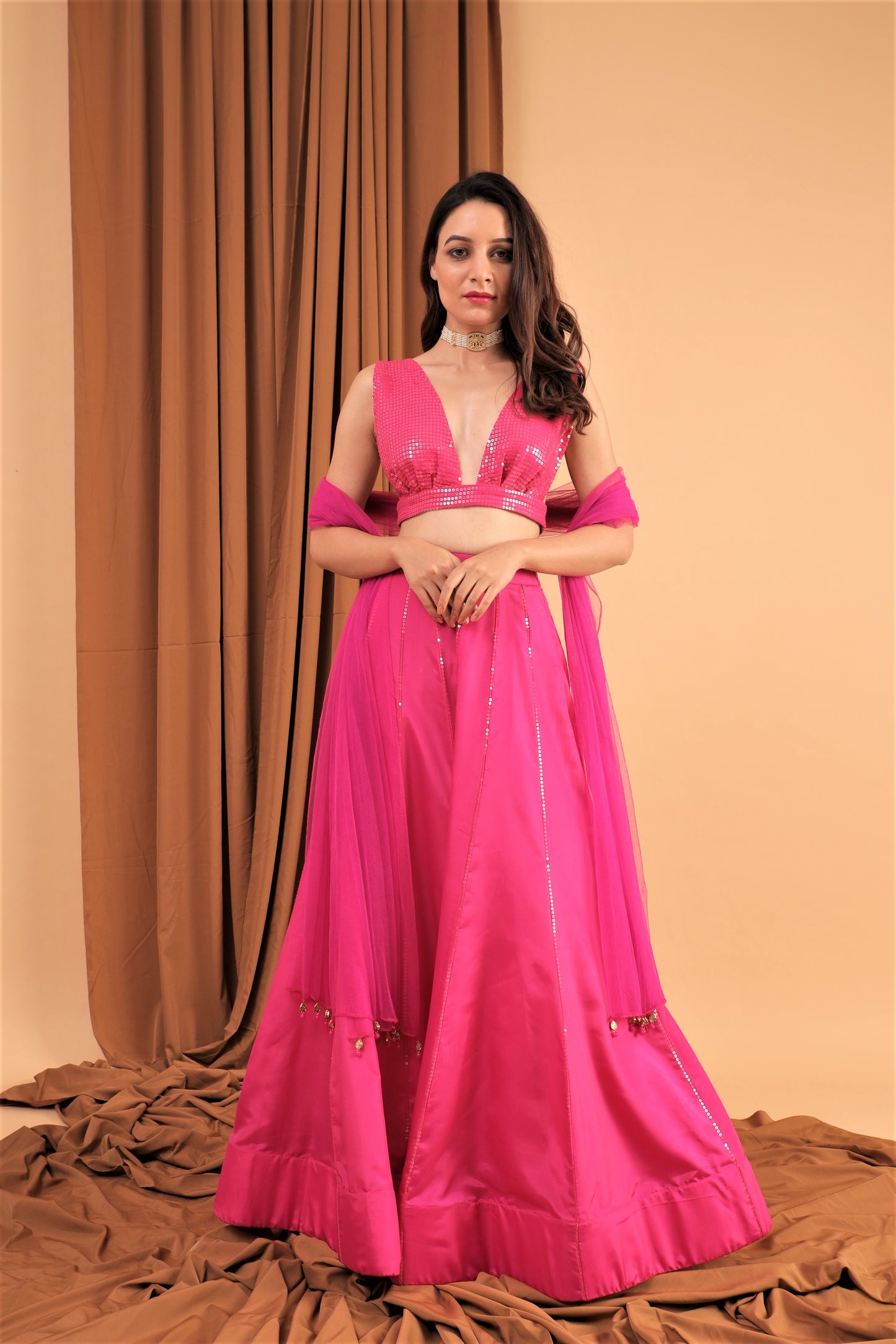 Hot pink sequined lehenga set