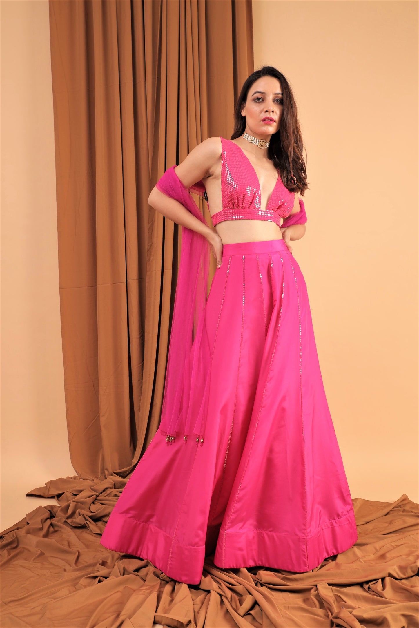 Hot pink sequined lehenga set