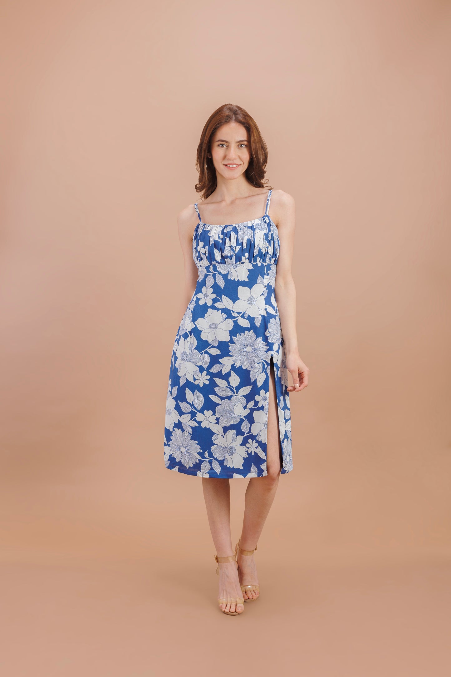 "Blue Floral Printed Slit Dress"