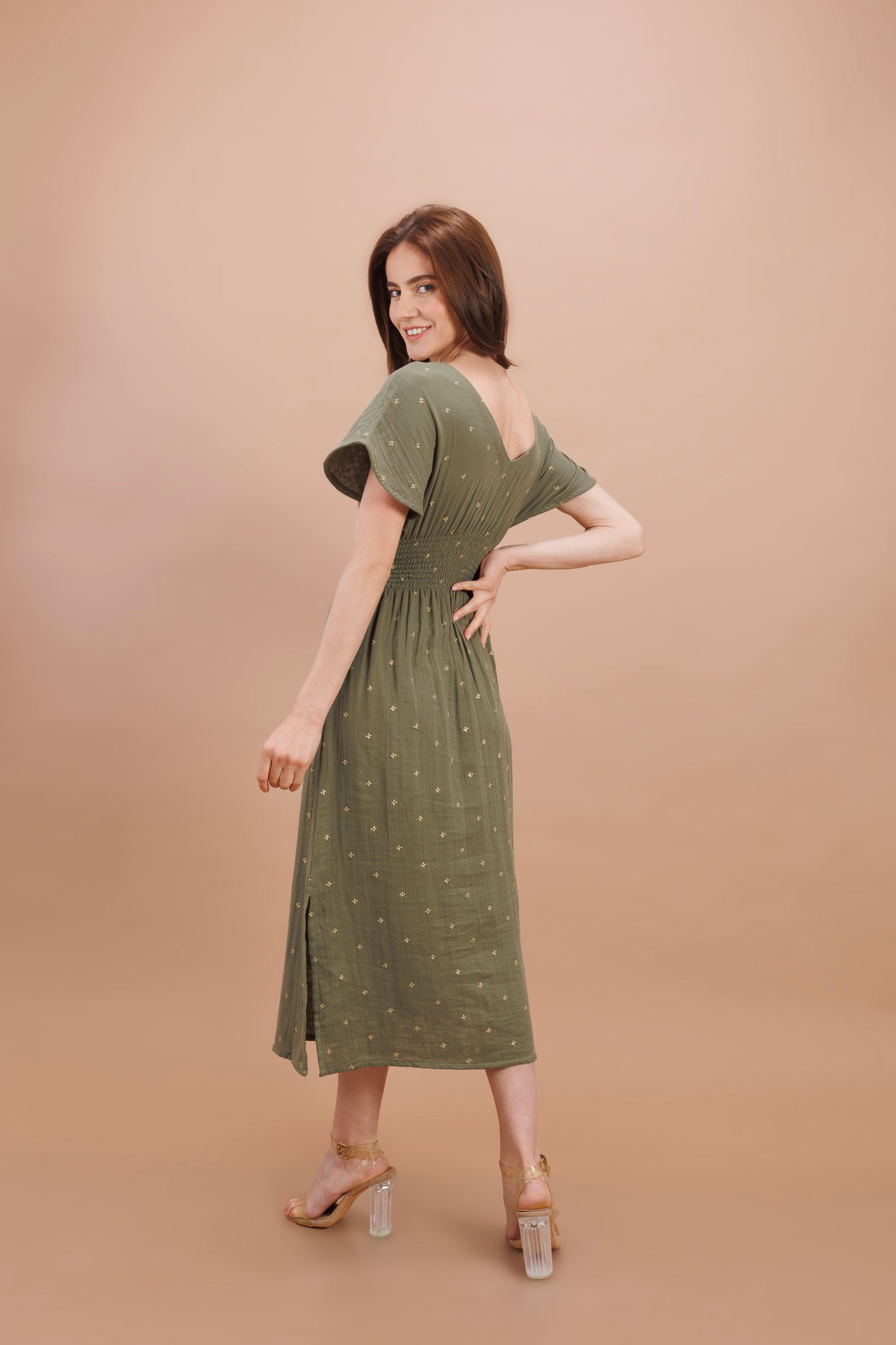 "Olive green calf length dress"