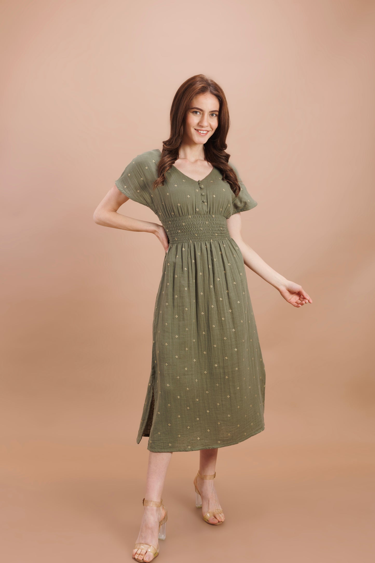 "Olive green calf length dress"