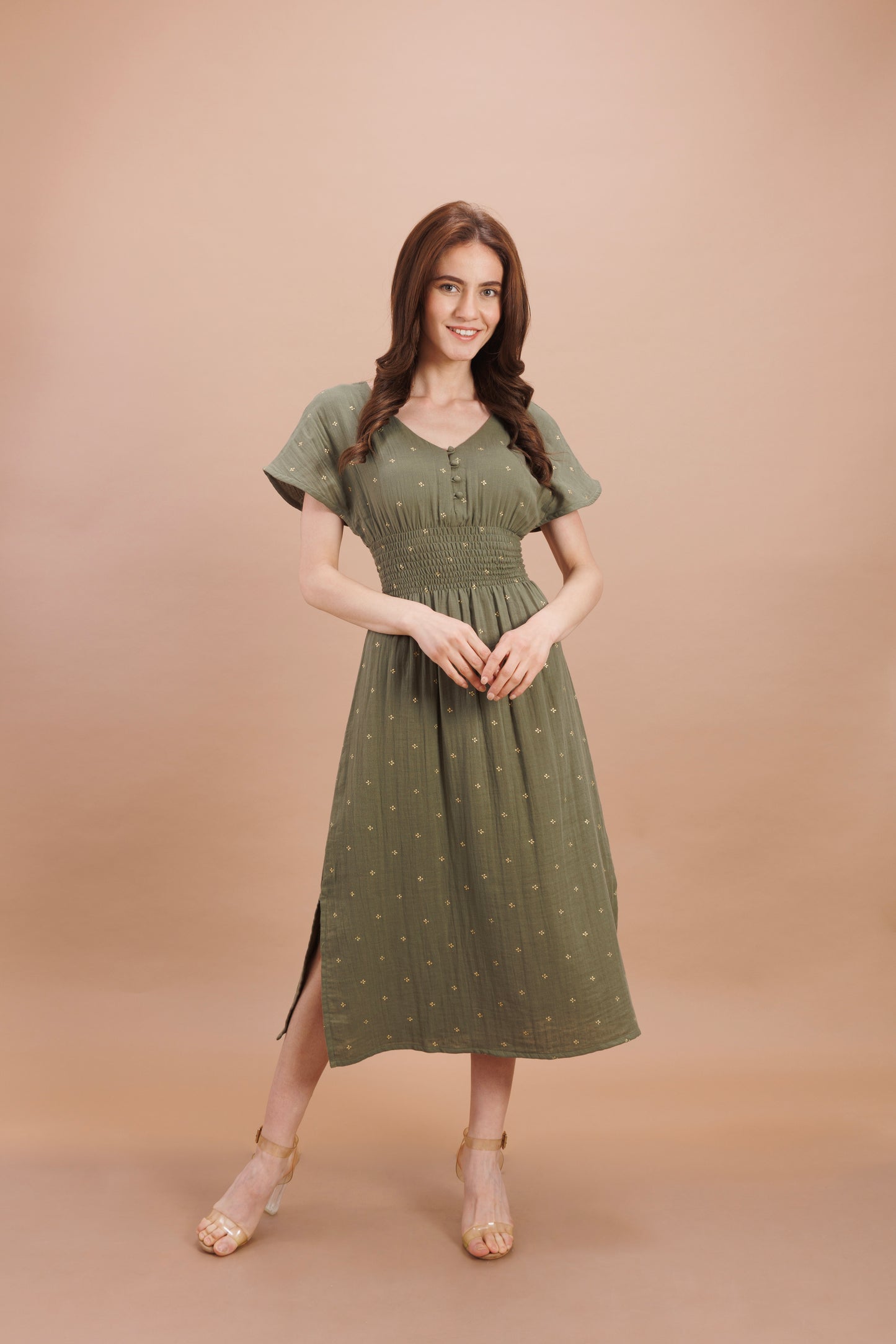 "Olive green calf length dress"