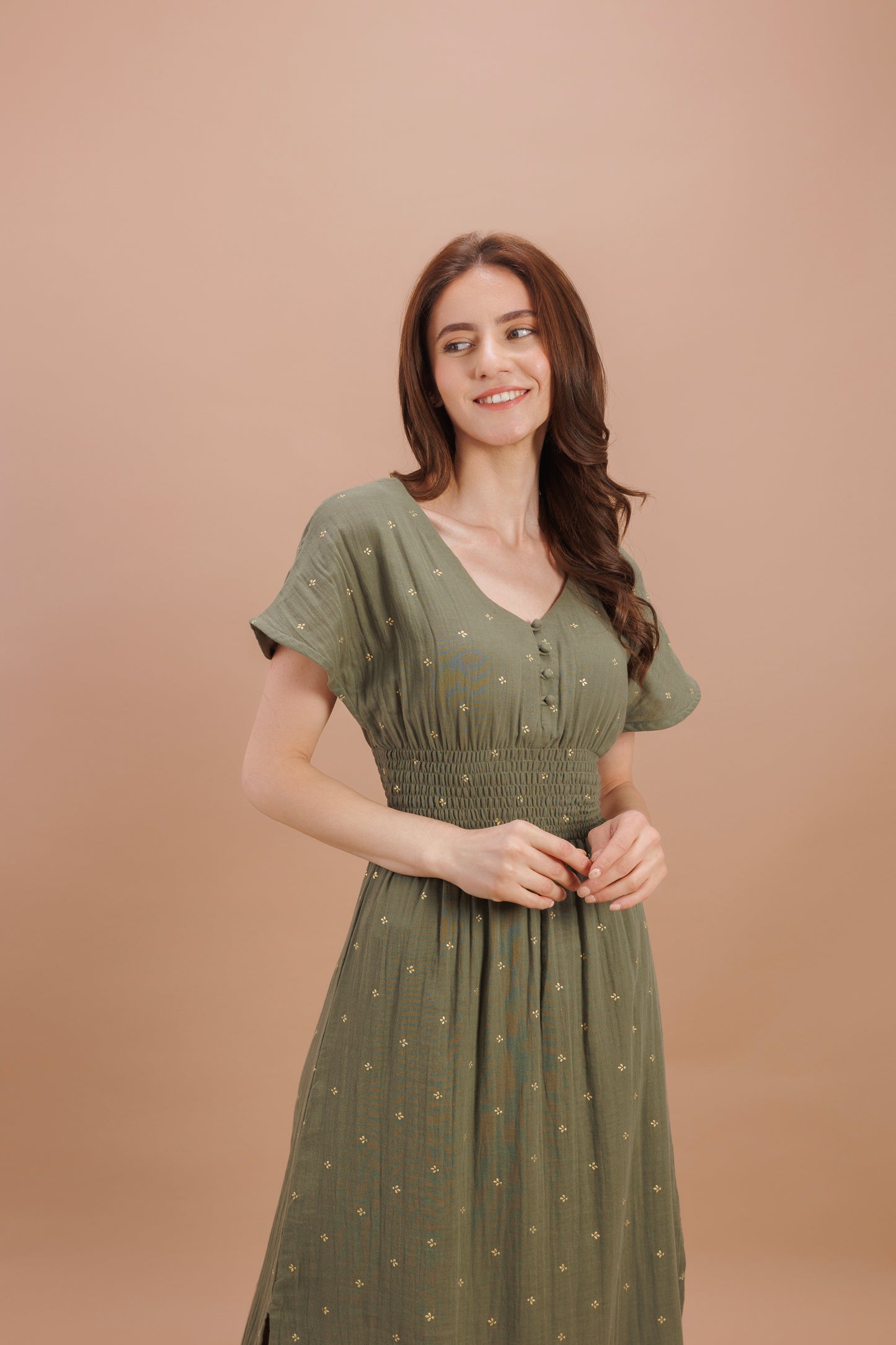 "Olive green calf length dress"