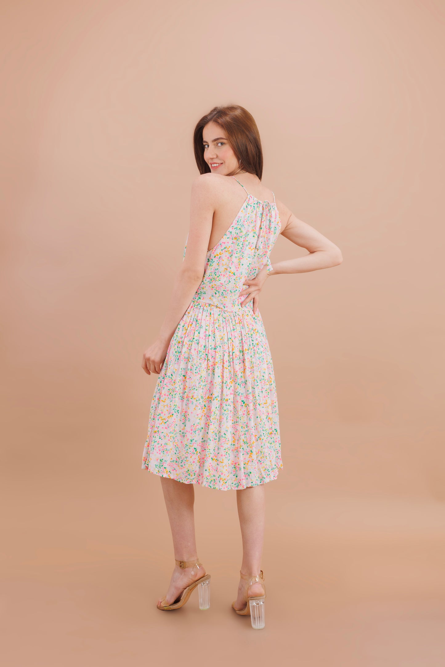 "White colourful sprinkle halter neck dress"