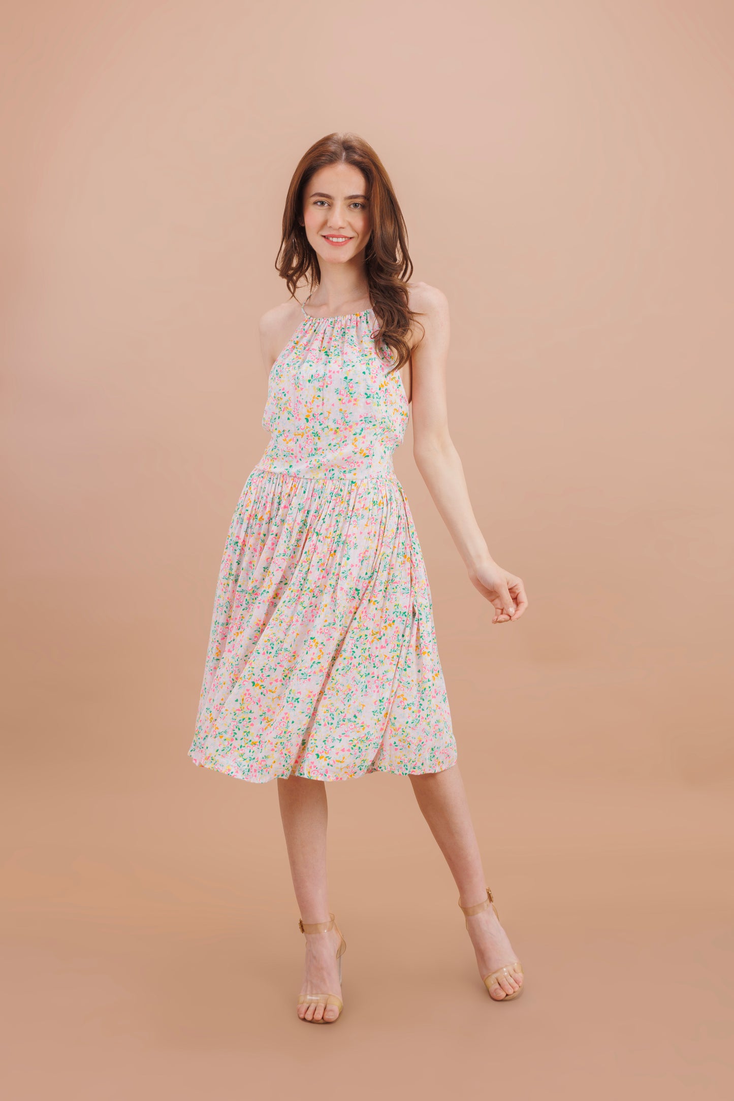 "White colourful sprinkle halter neck dress"