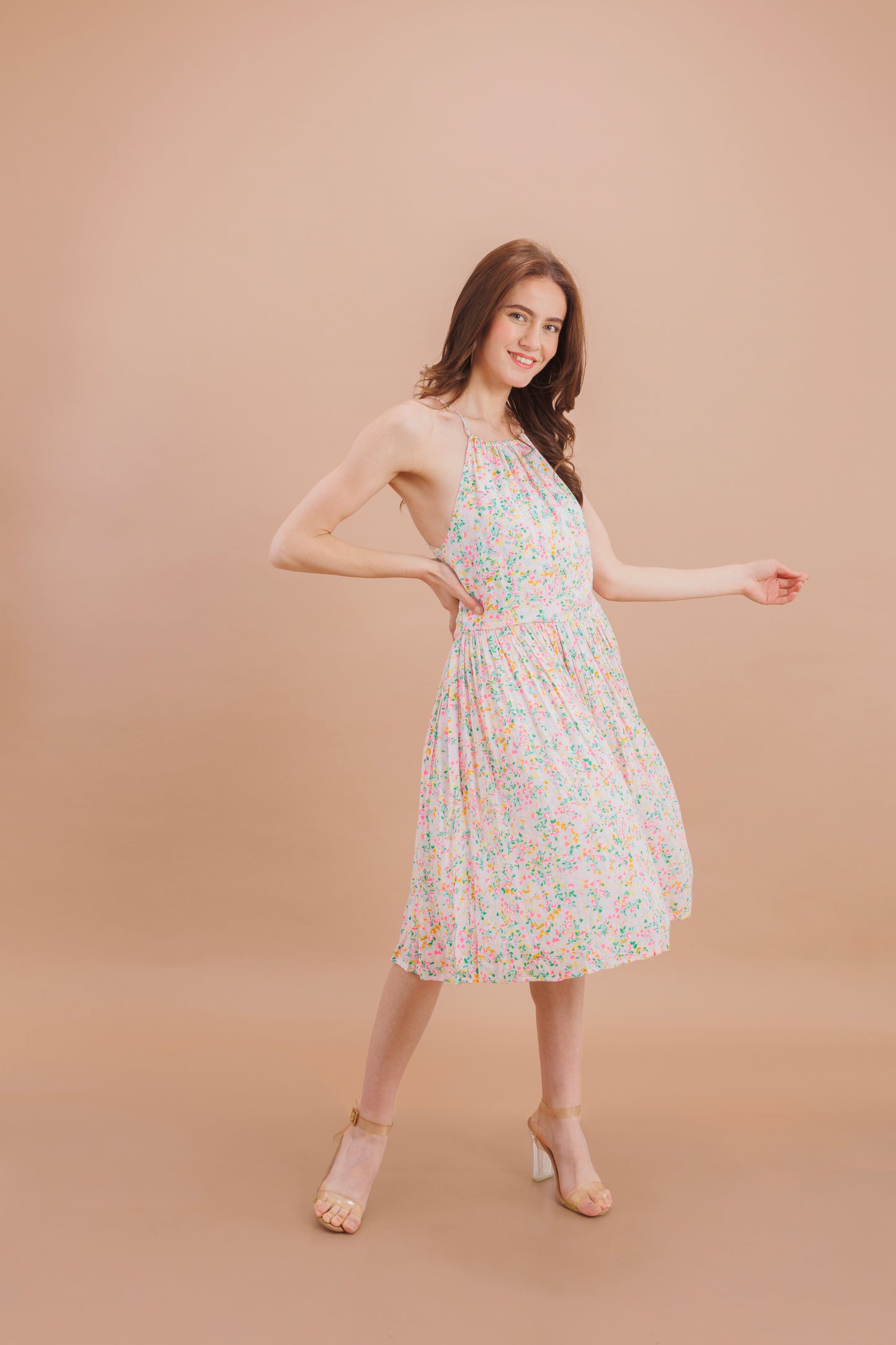 "White colourful sprinkle halter neck dress"