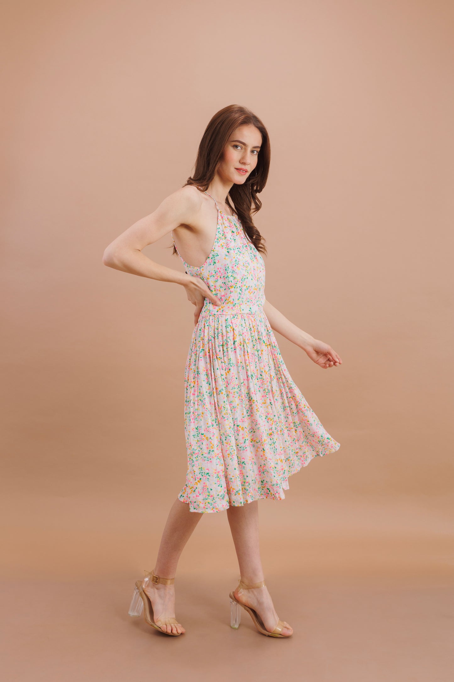 "White colourful sprinkle halter neck dress"