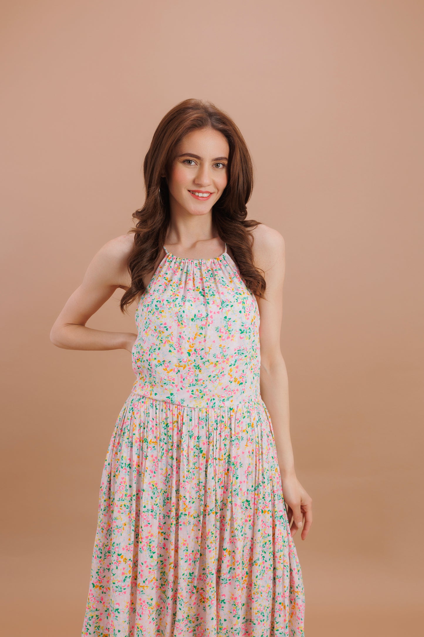 "White colourful sprinkle halter neck dress"