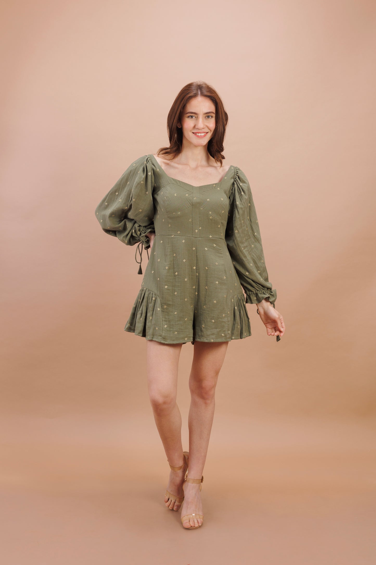 "Olive green balloon sleeve romper"