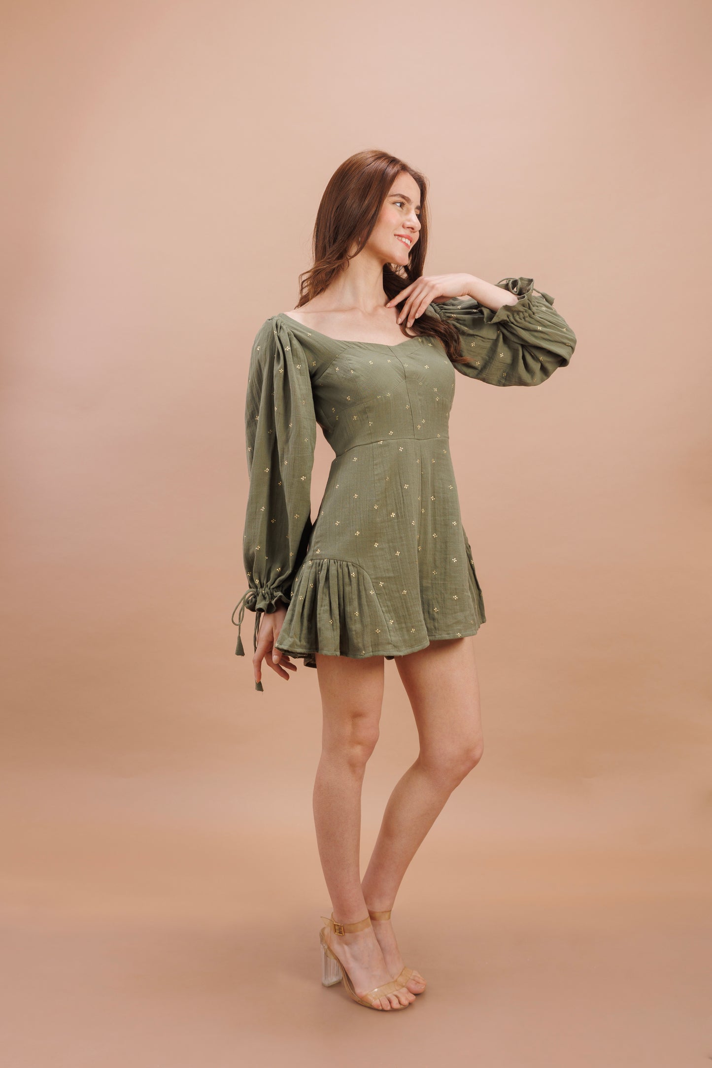 "Olive green balloon sleeve romper"