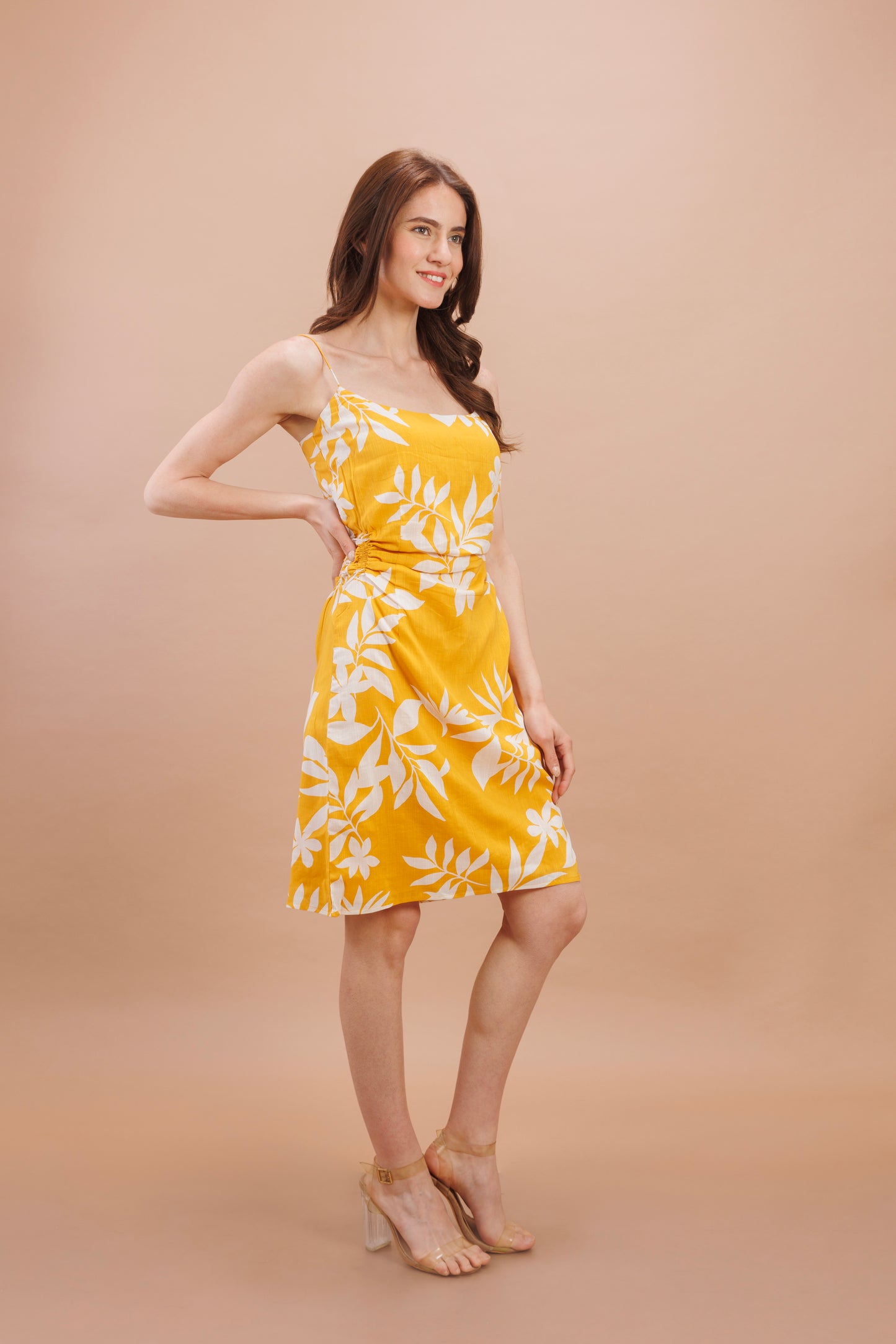 "Sunshine yellow cowl waist dress"