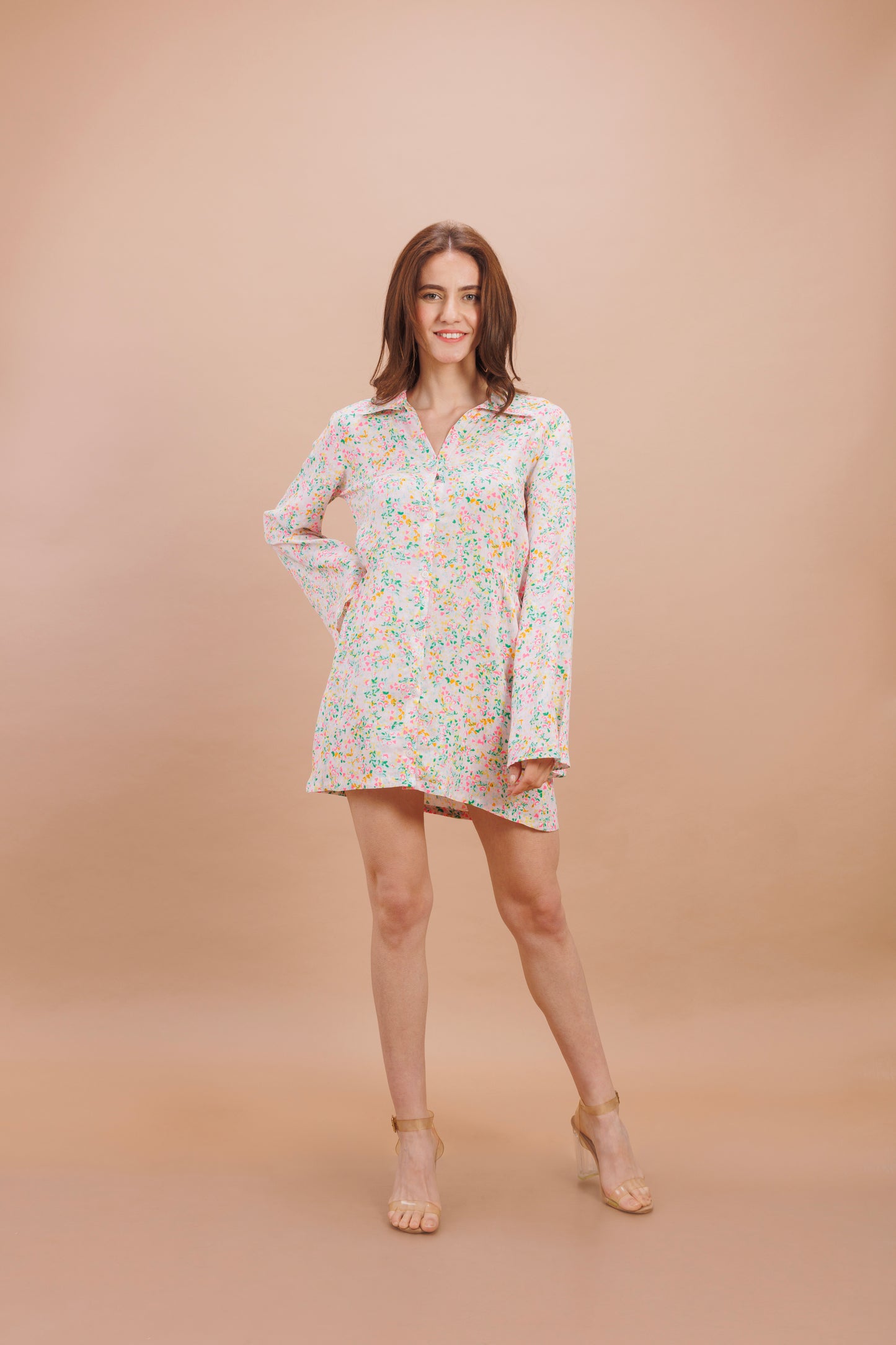 "White colourful sprinkle full sleeve short dress"