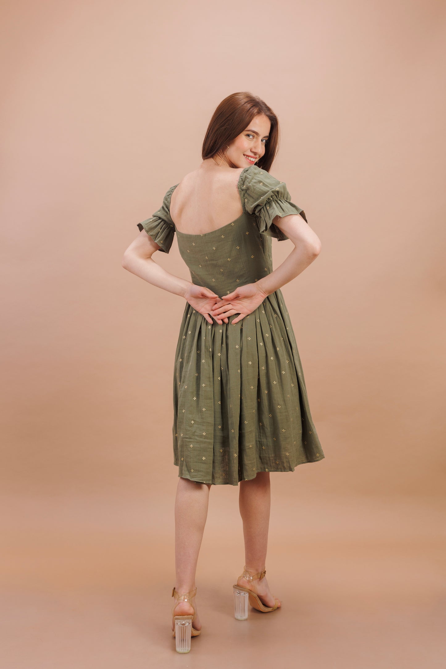 "Olive green flared dress"