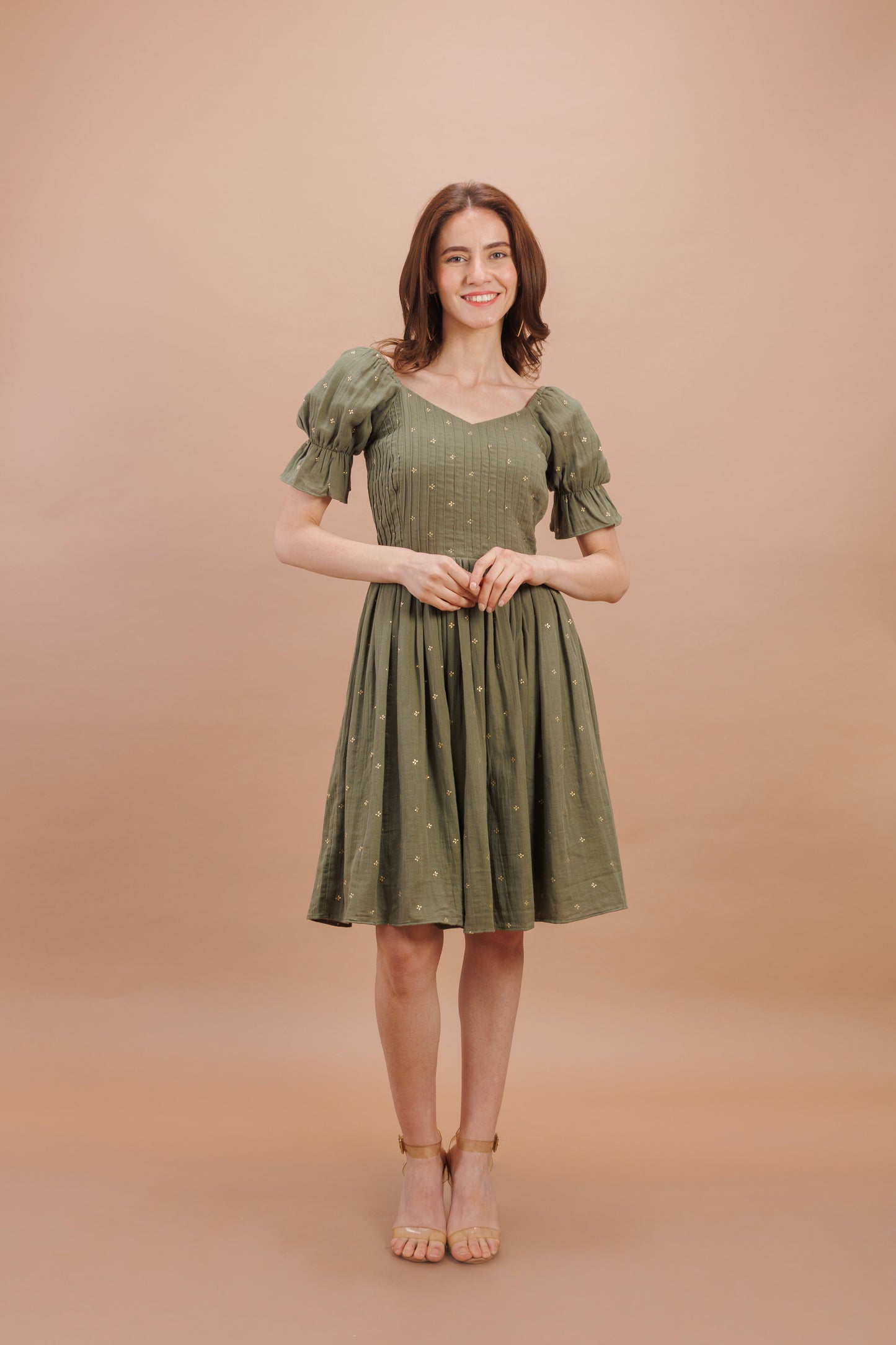 "Olive green flared dress"
