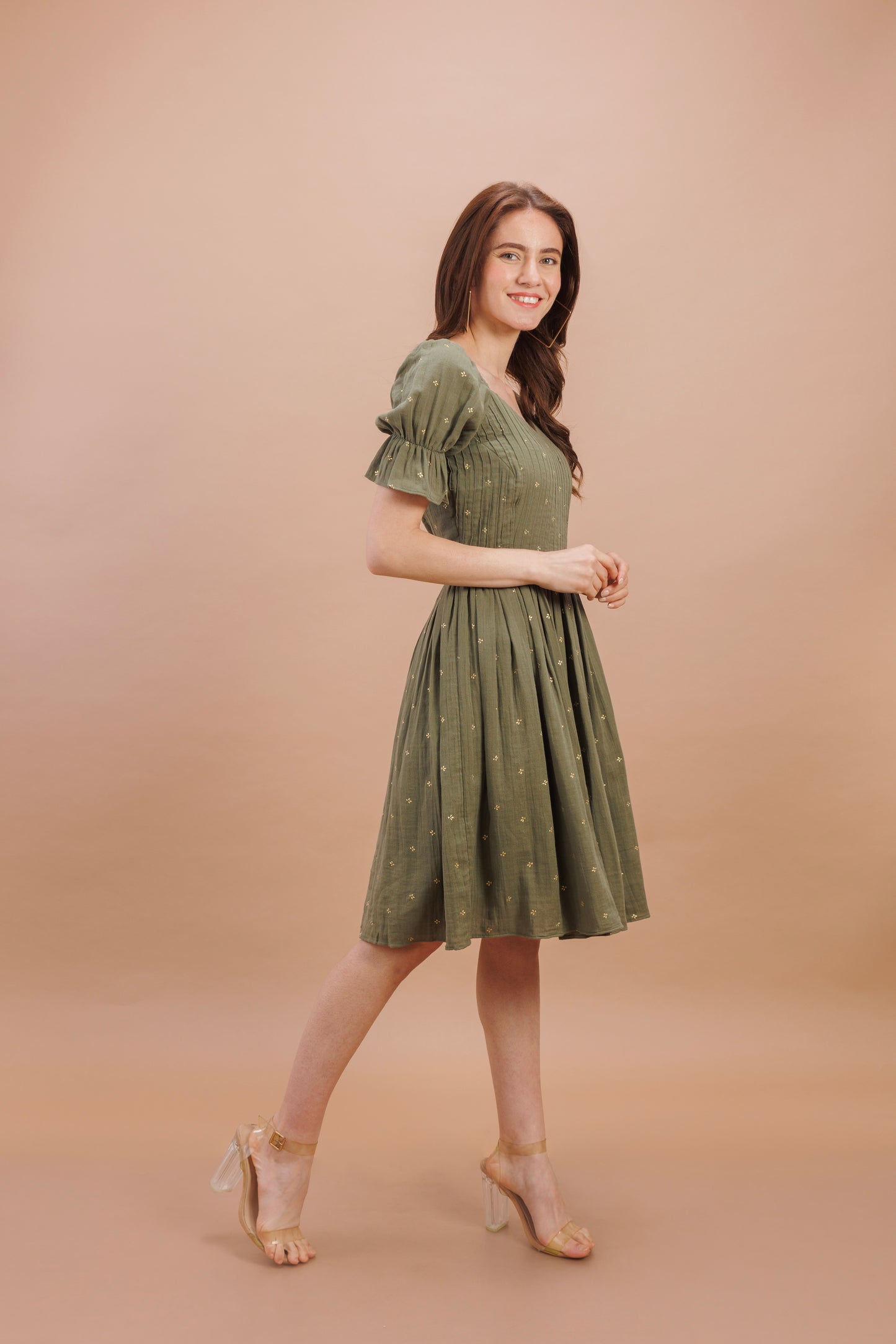 "Olive green flared dress"