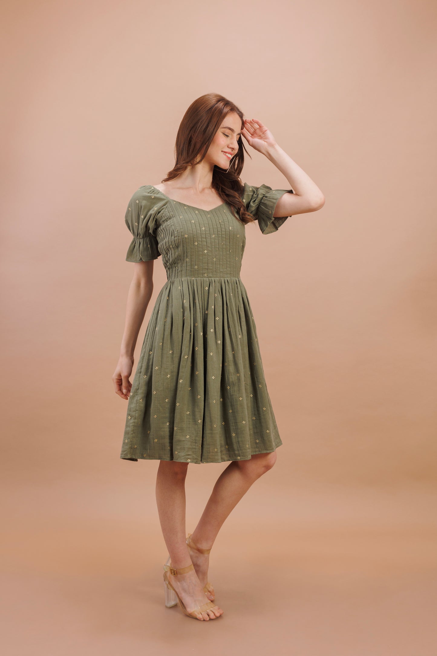 "Olive green flared dress"
