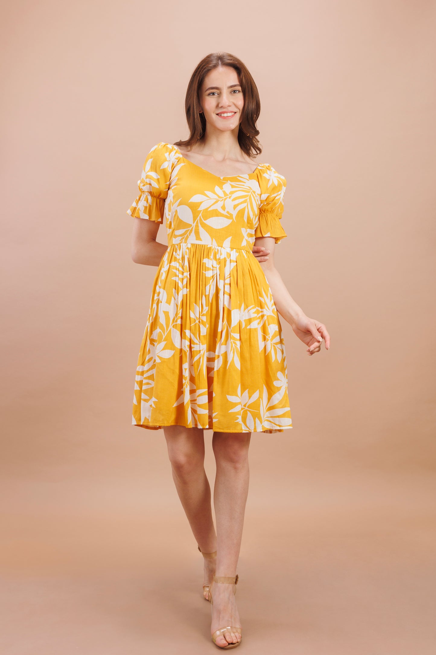 "Yellow printed gather dress"