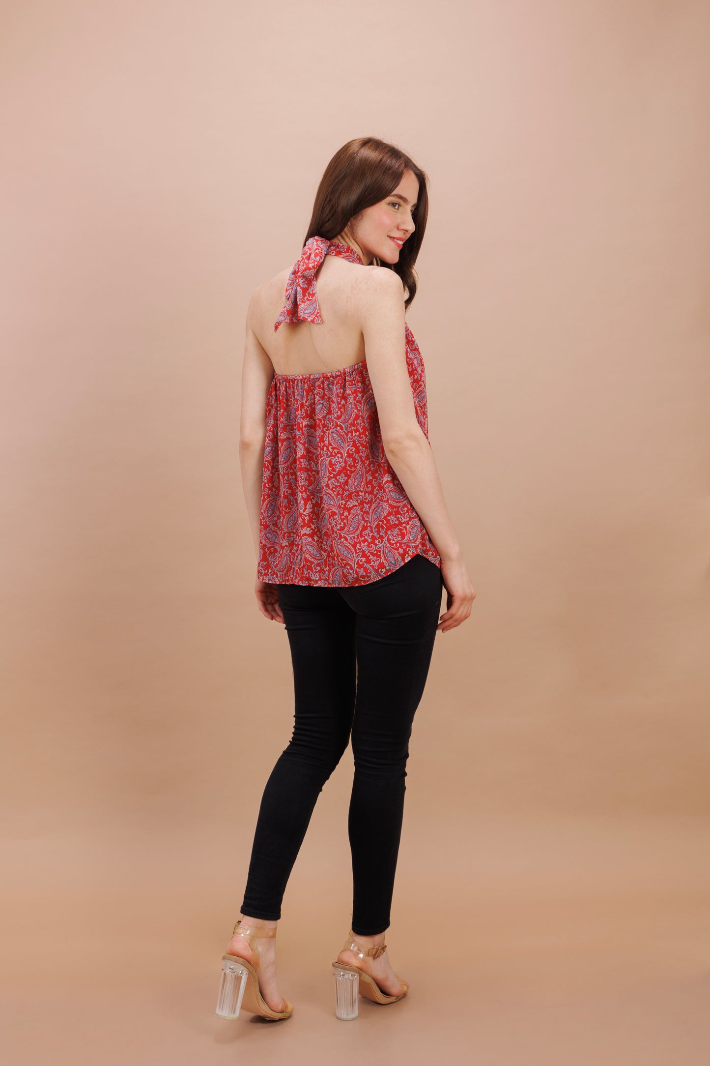 "Red printed halter neck top"