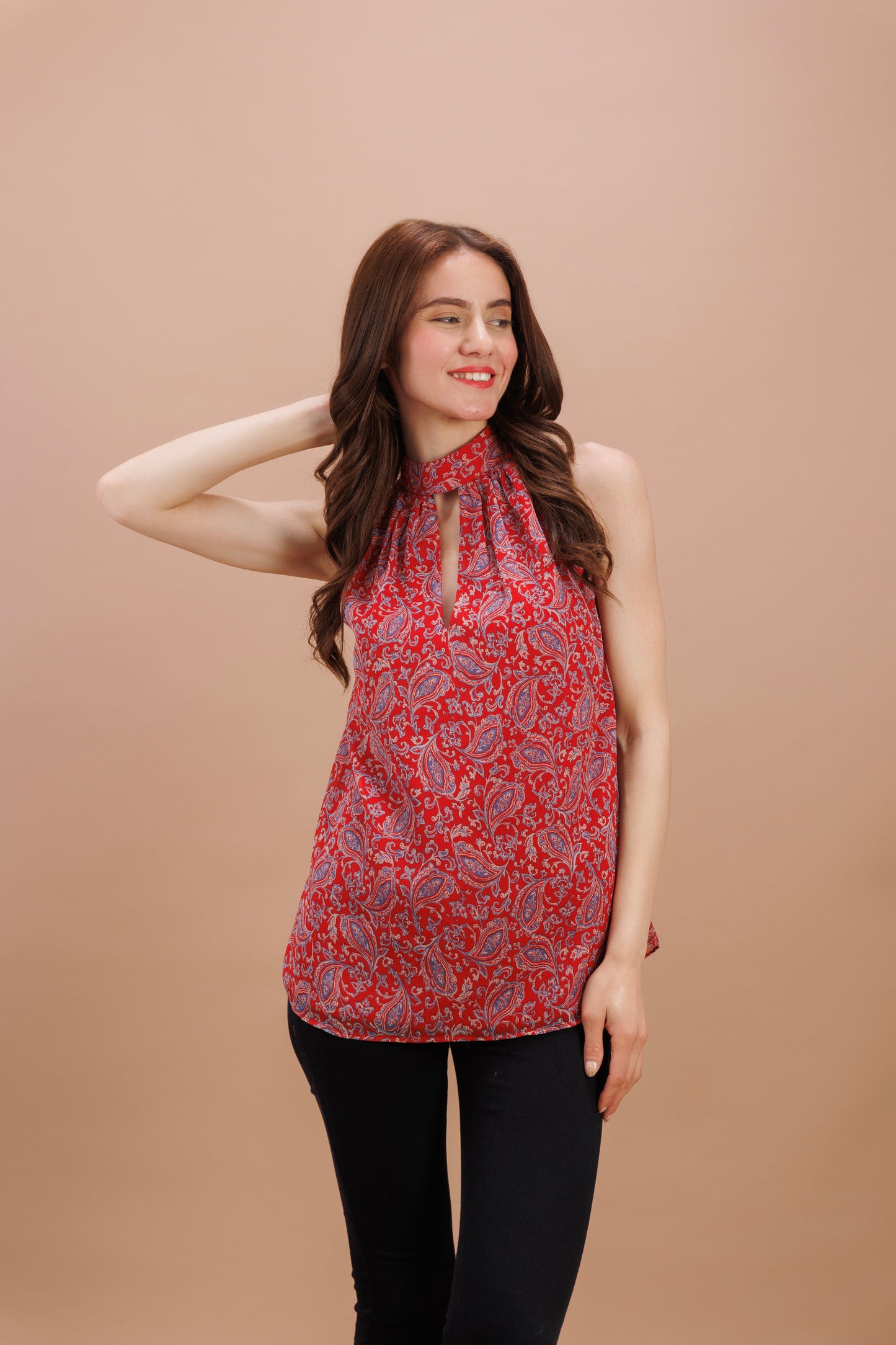 "Red printed halter neck top"